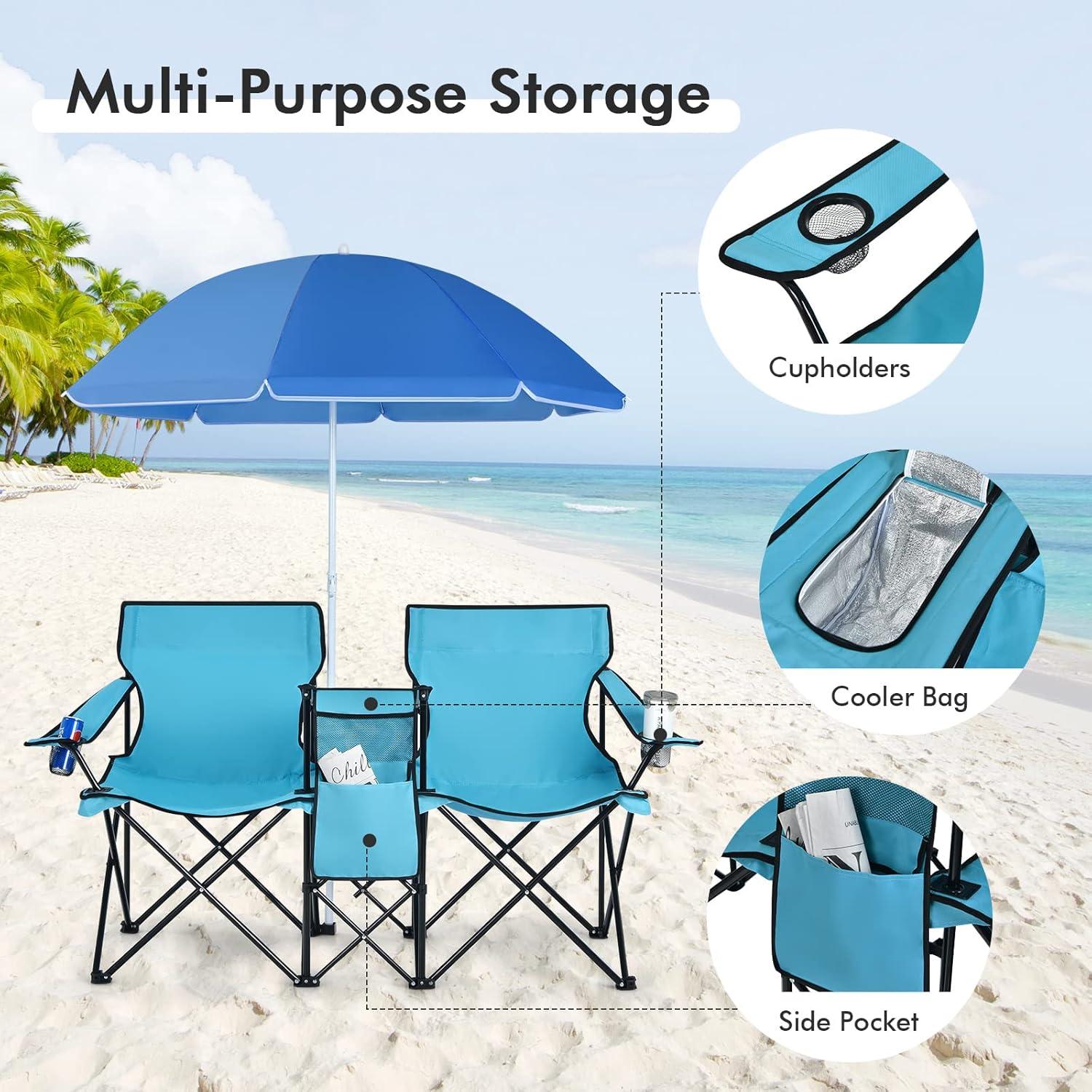 Portable Folding Picnic Double Chair W/Umbrella Table Cooler Beach Camping Turquoise