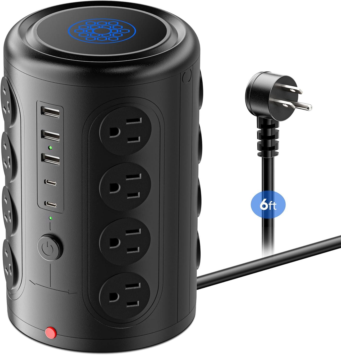 Black Heavy Duty Tower Power Strip with 16 Outlets and 5 USB Ports