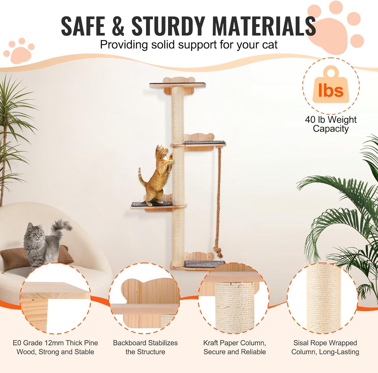 Natural Pine Wood Multi-Level Cat Wall Shelf Set