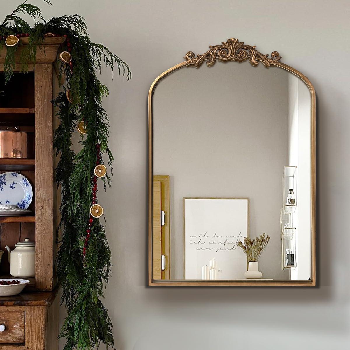 BohoBliss 24"X36" Gold Vintage Mirror for Wall, Antique Arch Mirror, Victorian Ornate Baroque Mirror for Wall, Mantel, Fireplace, Living Room, Hallway, Bathroom, Bedroom, Entryway