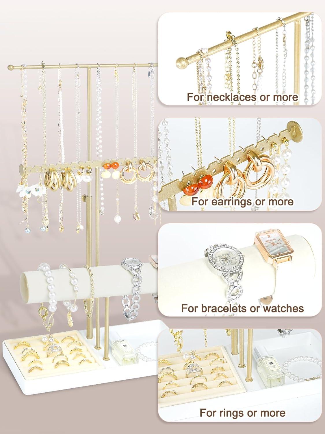 Jenseits Jewelry Organizer Stand Necklace Holder Organizer, 3-Tier Earrings Organizer w/Bracelet Storage Display & Velvet Ring Tray, Cute Metal Aesthetic Jewelry Tower Rack for Women Girls - Gold C49