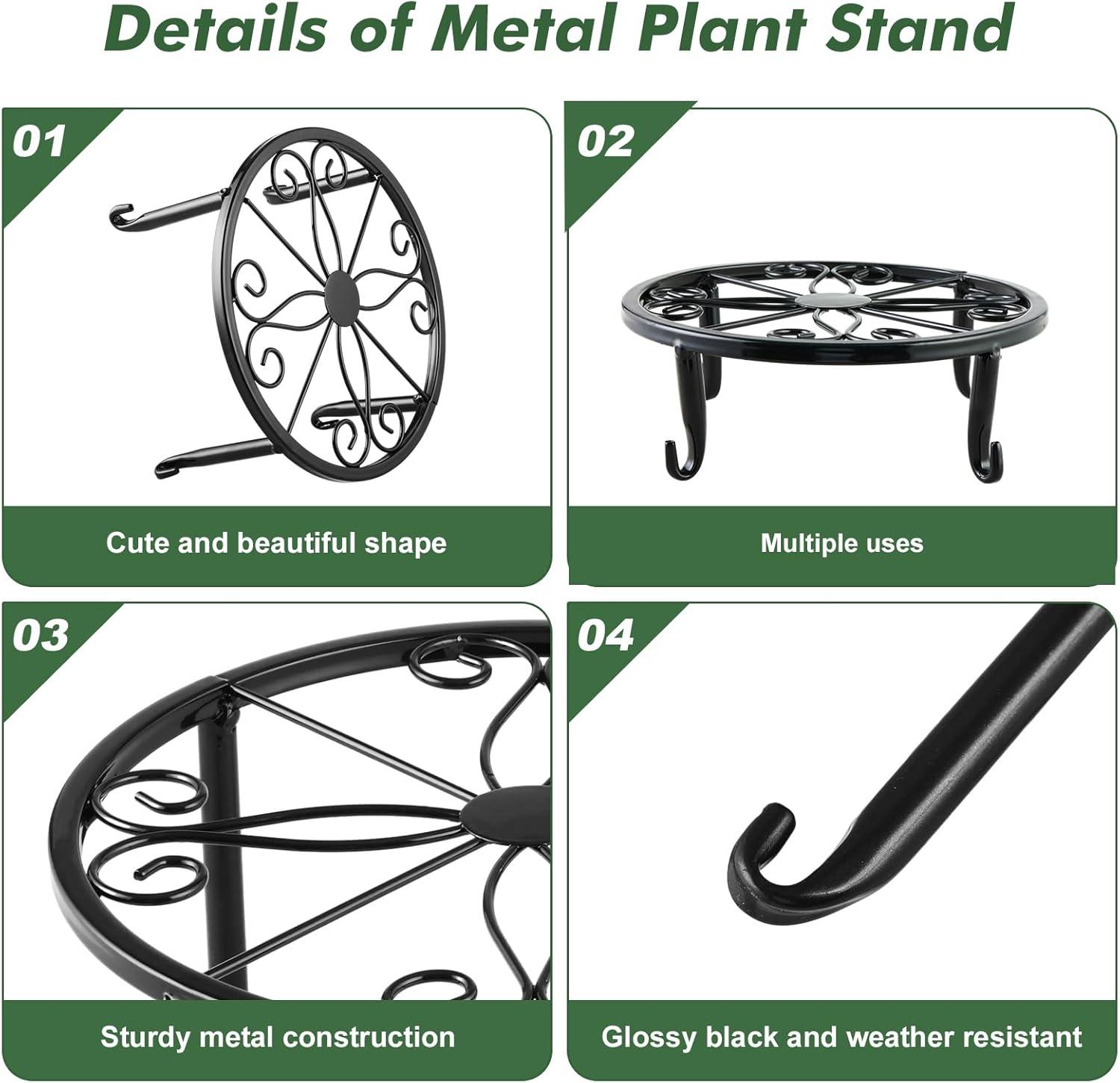3 Pack 9 inches Metal Plant Stands with Saucer for Indoor and Outdoor Plants Heavy Duty Potted Heavy Duty Flower Pot Stand Holder Rustproof Iron Round Plant Shelf for Garden, Brown