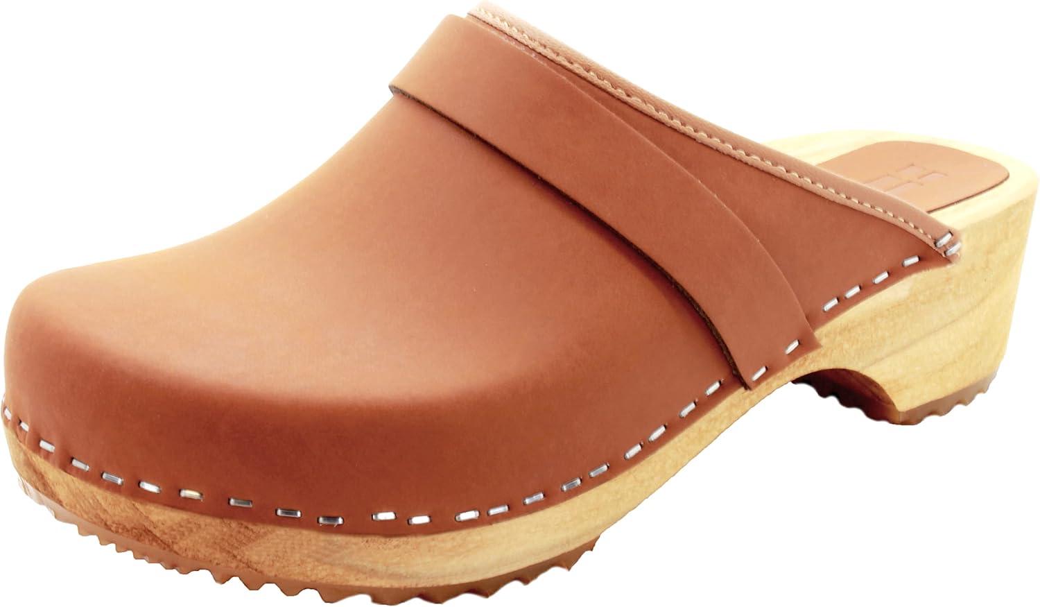 Cognac Genuine Leather Women's Casual Clogs with Wood Outsole