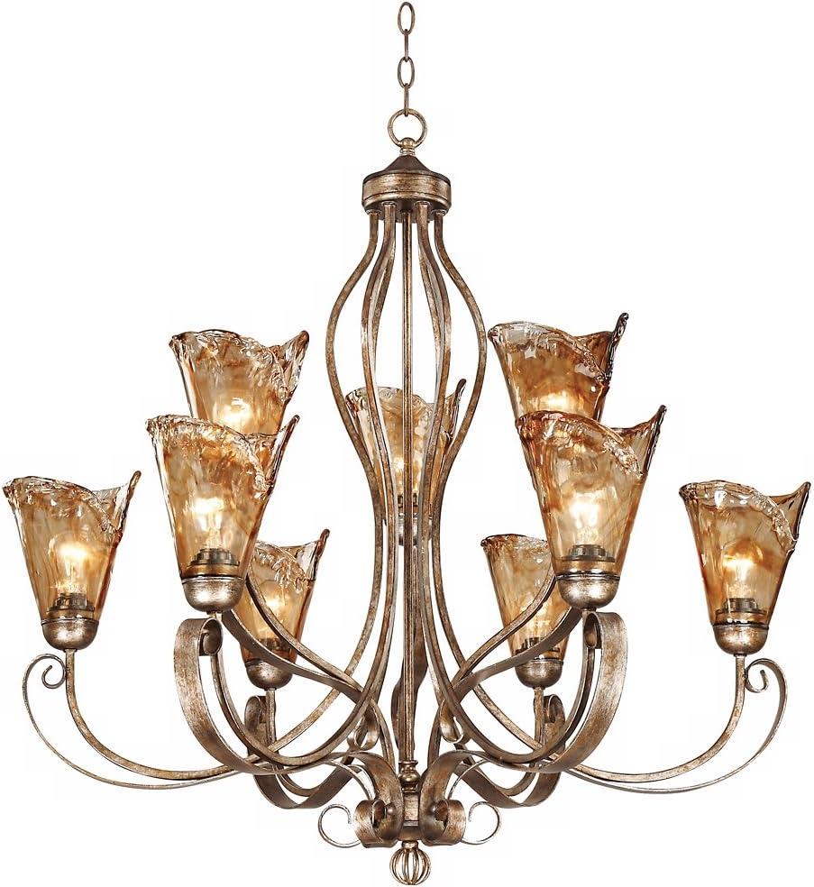 Franklin Iron Works Amber Scroll Golden Bronze Large Chandelier 35 1/2" Wide Rustic Art Glass 9-Light Fixture for Dining Room House Kitchen Island