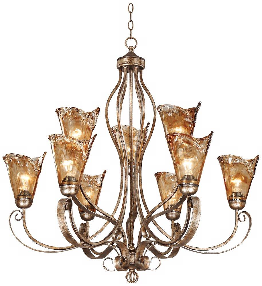 Franklin Iron Works Amber Scroll Golden Bronze Large Chandelier 35 1/2" Wide Rustic Art Glass 9-Light Fixture for Dining Room House Kitchen Island