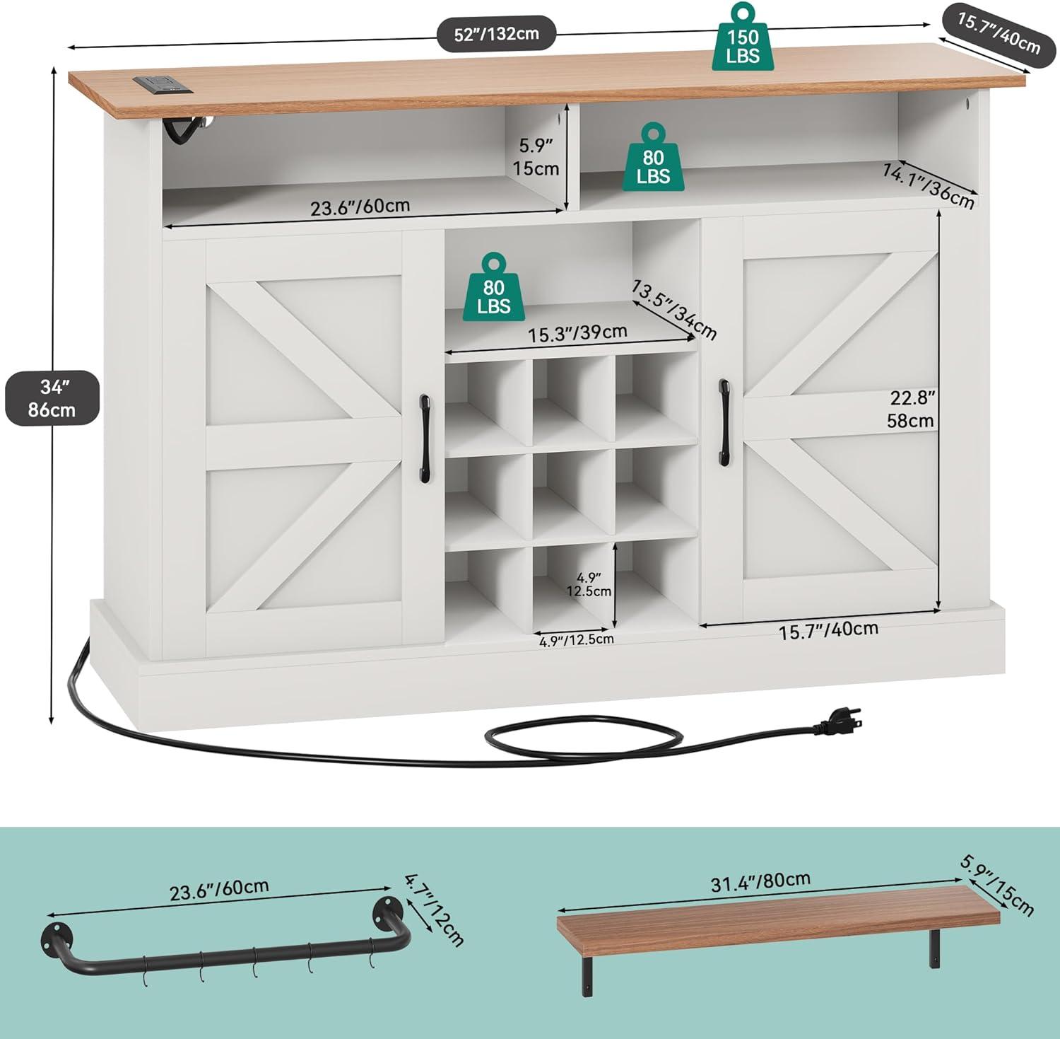 YITAHOME Sideboard Buffet Cabinet, 52" Farmhouse Coffee Bar with Power Outlet, Floating Shelves, Wine Storage for Kitchen & Living Room (White)