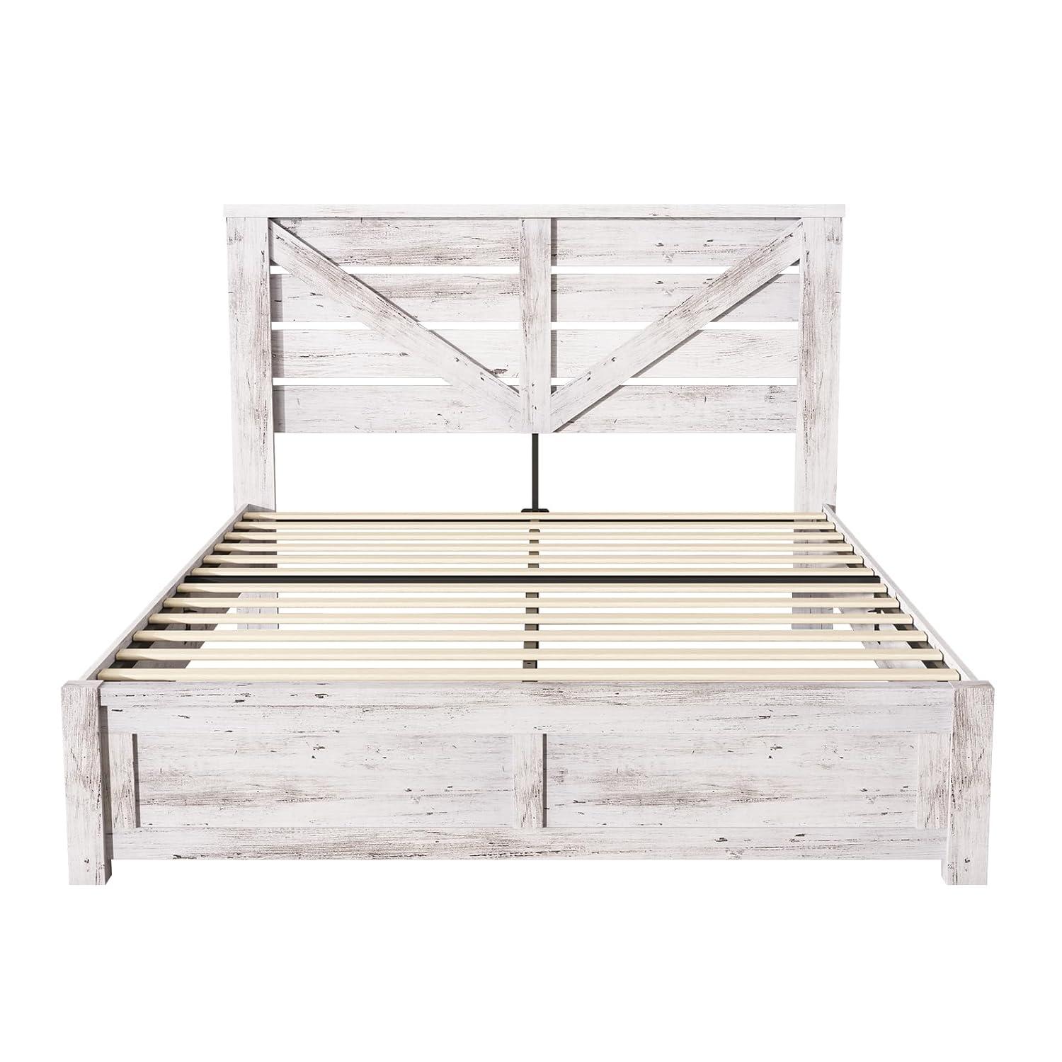 Distressed White Queen Size Wooden Farmhouse Bed Frame with Barn Door Headboard