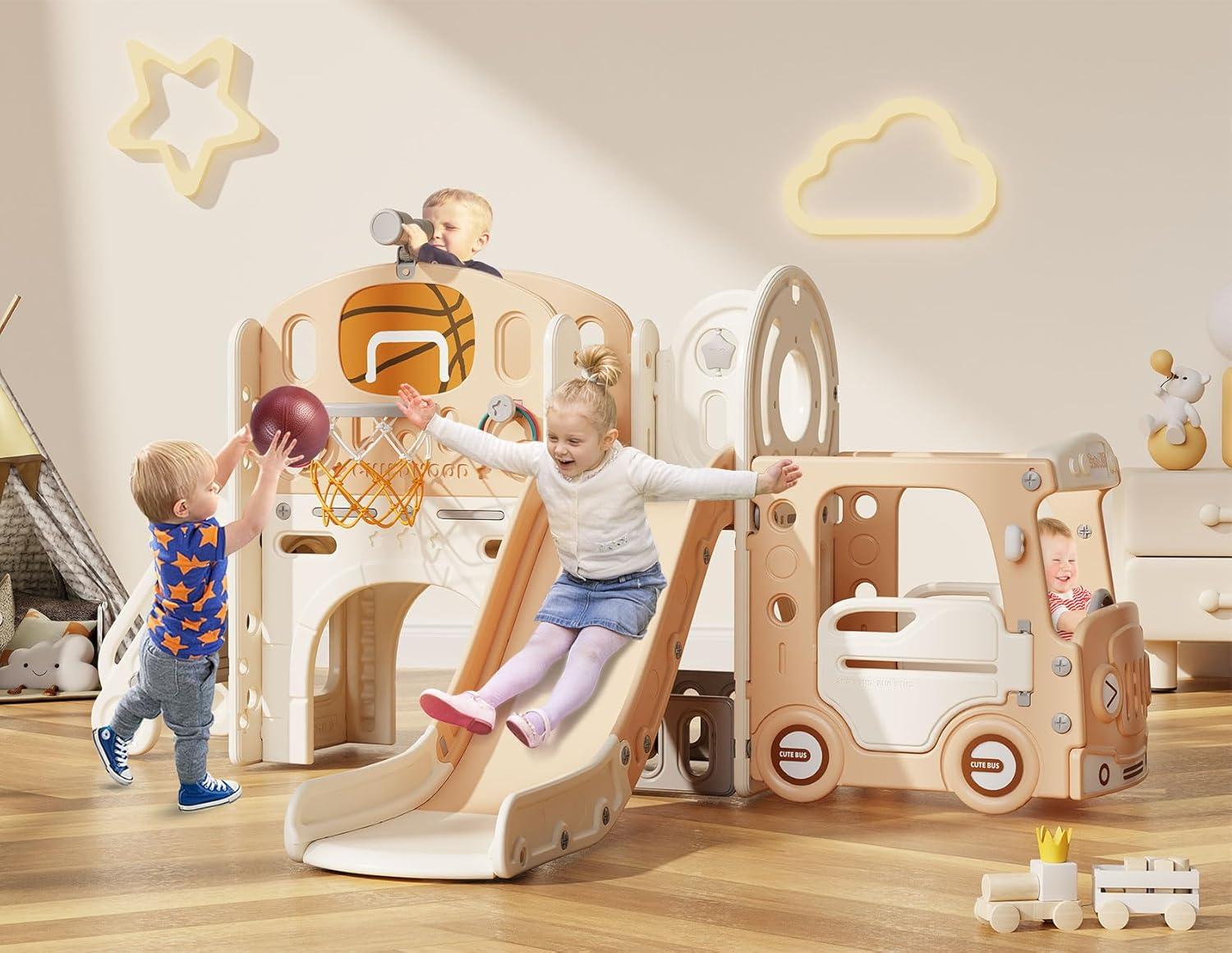 Beige and White 10-in-1 Toddler Slide Playset with Basketball Hoop