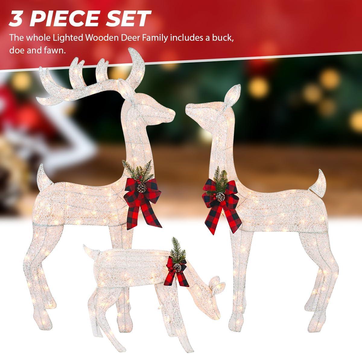 Large White Fabric Lighted Reindeer Family Set with Bows