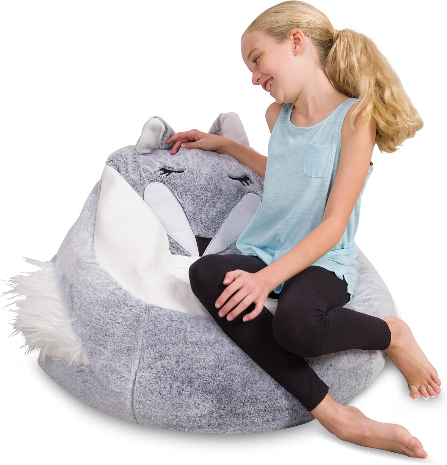 Large Silver Fox Furry Bean Bag Chair with Removable Cover