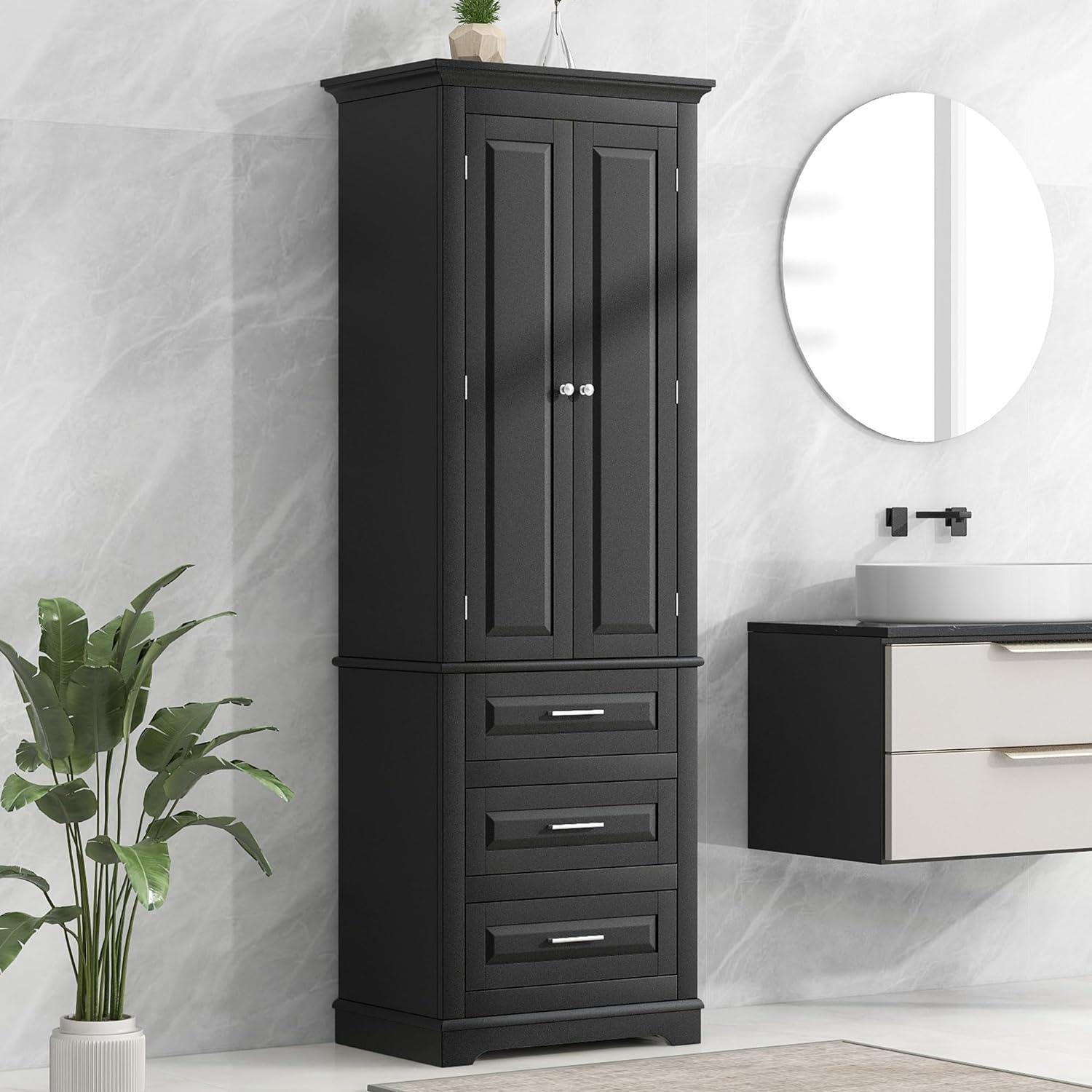 Tall Black MDF Office Storage Cabinet with Adjustable Shelves