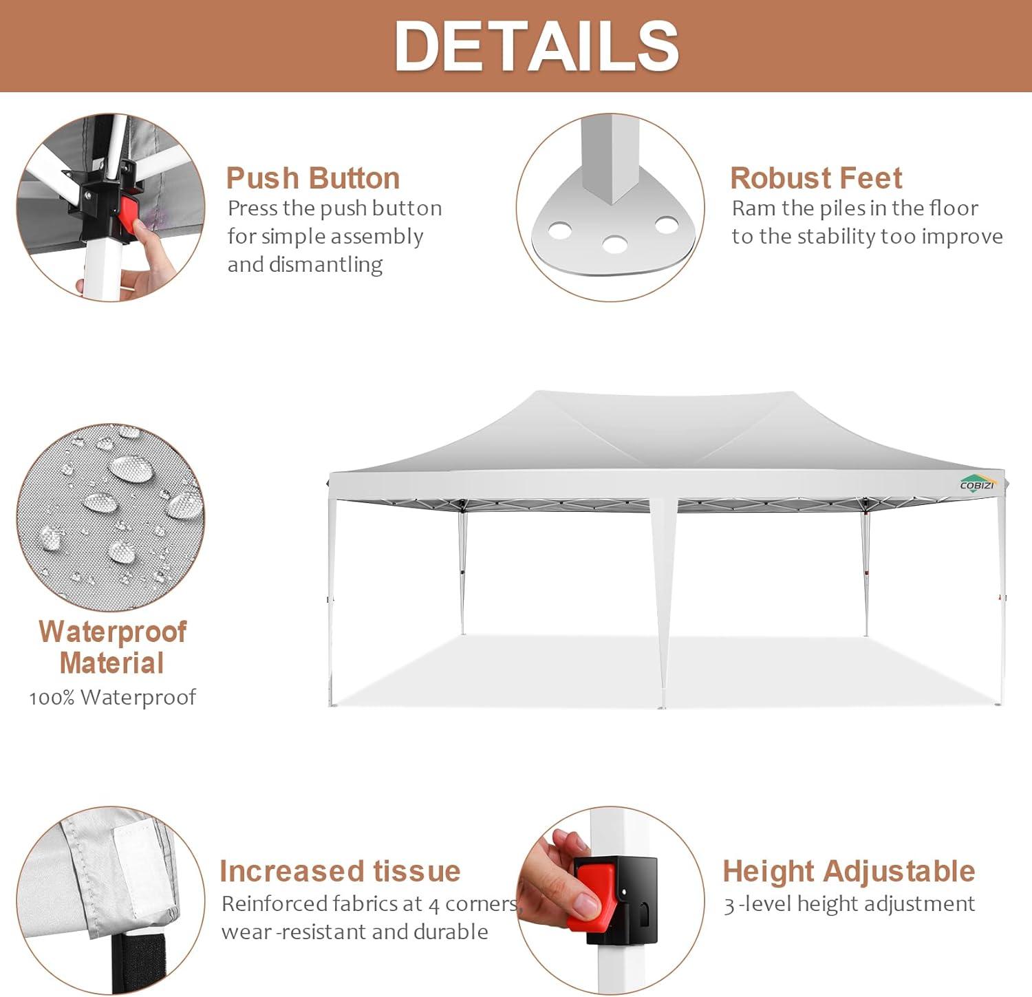 Cobizi 10x20 ft White Pop-up Outdoor Canopies, Waterproof