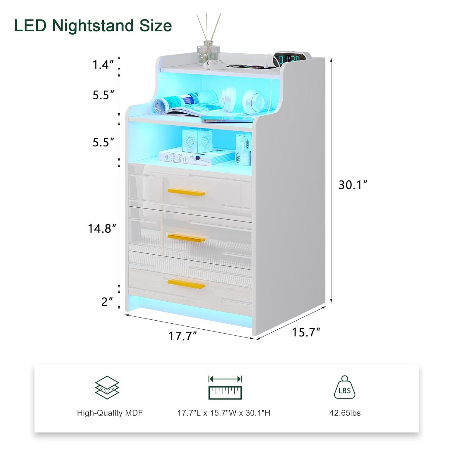 HNEBC Smart LED Nightstand with Wireless Charging & USB Ports, High Glossy Night Stand with 3 Drawers and 1 Pull-Out Tray, Modern Bedside Table with Human Sensor for Bedroom (White)