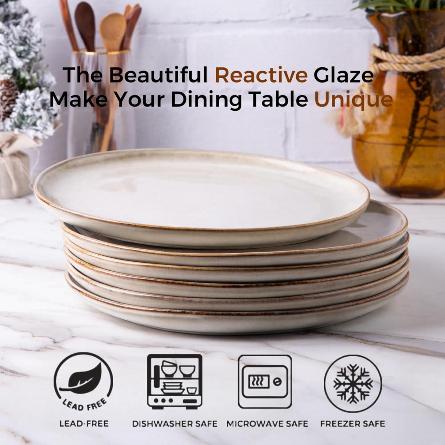 Handmade Reactive Glaze Stoneware Plates Set of 6 - Beautifully Crafted, Sturdy and Rustic Ceramic Plates for Dessert, Salad, and More - Unique Design with Raised Edge - Stackable and Easy to Handle