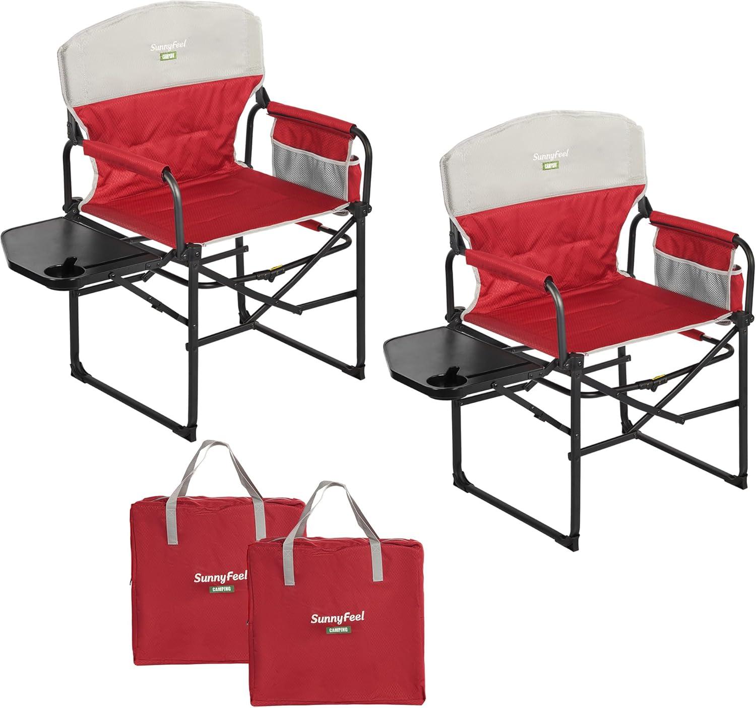 Red and Black Heated Steel Folding Directors Chair with Storage