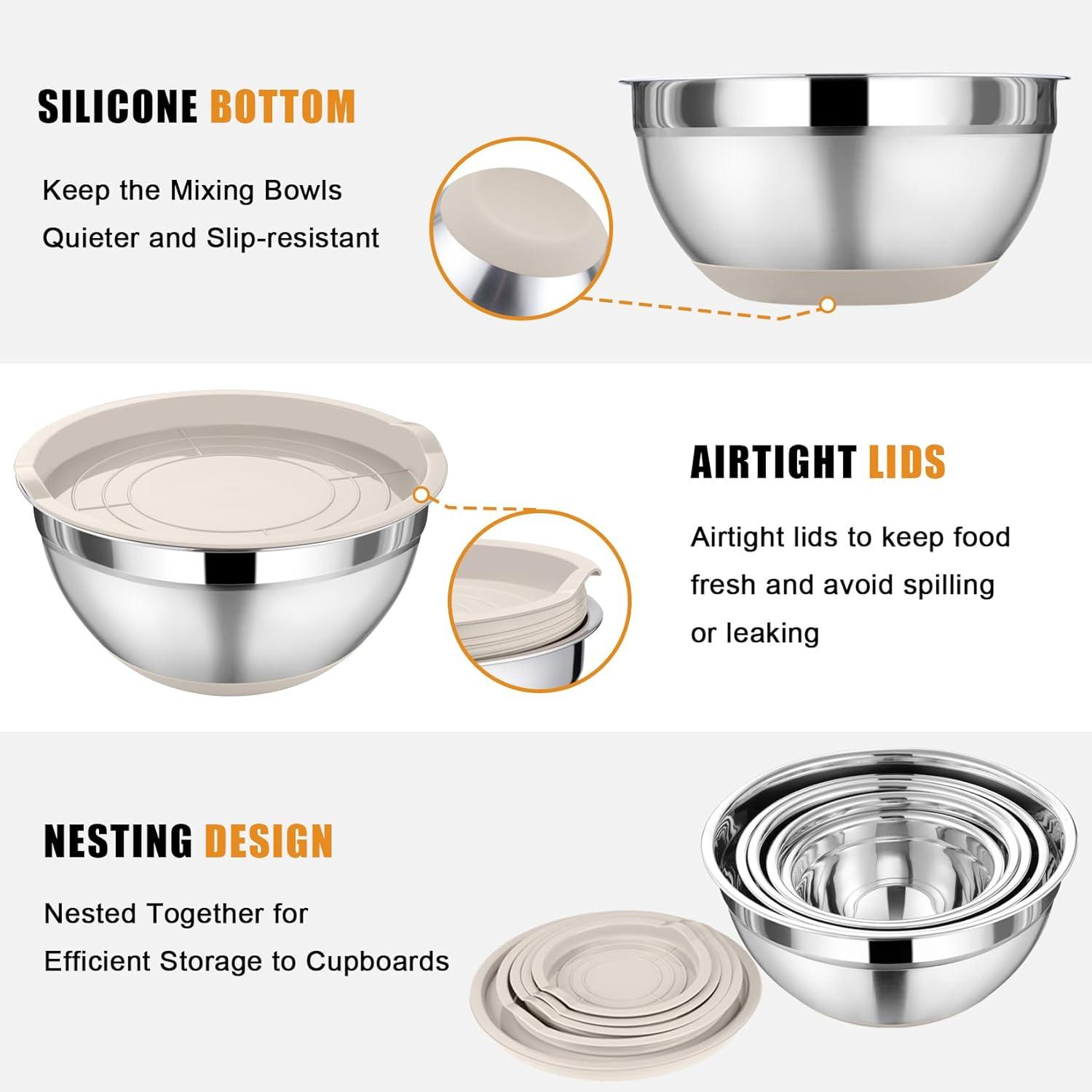 Toledo Bath & Kitchen Stainless Steel Mixing Bowls With Lids, 5-Pack Metal Nesting Bowls With Airtight Covers For Cooking, Baking, Serving, Storage, Non-Toxic & Dishwasher Safe, Size 4.6/3/1.5/1/0.7QT - Khaki