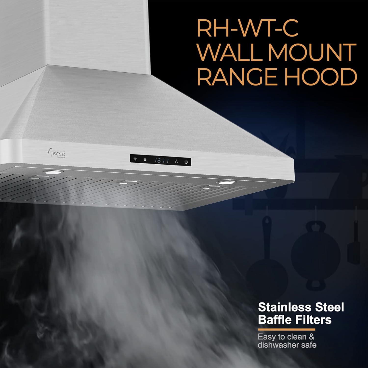 Awoco 30" Stainless Steel 800 CFM Ducted (Vented) Wall Range Hood with Baffle Filter