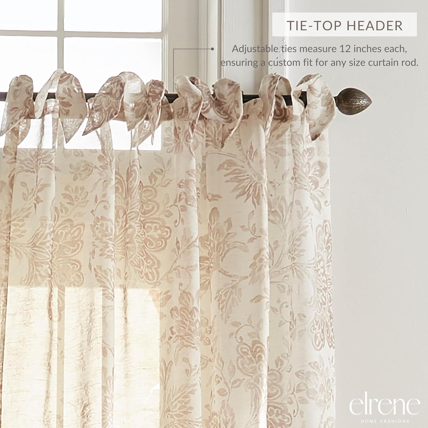 Westport Floral Tie-Top Cottagecore Sheer Single Window Curtain Panel - 52" x 95" - Flax - Elrene Home Fashions