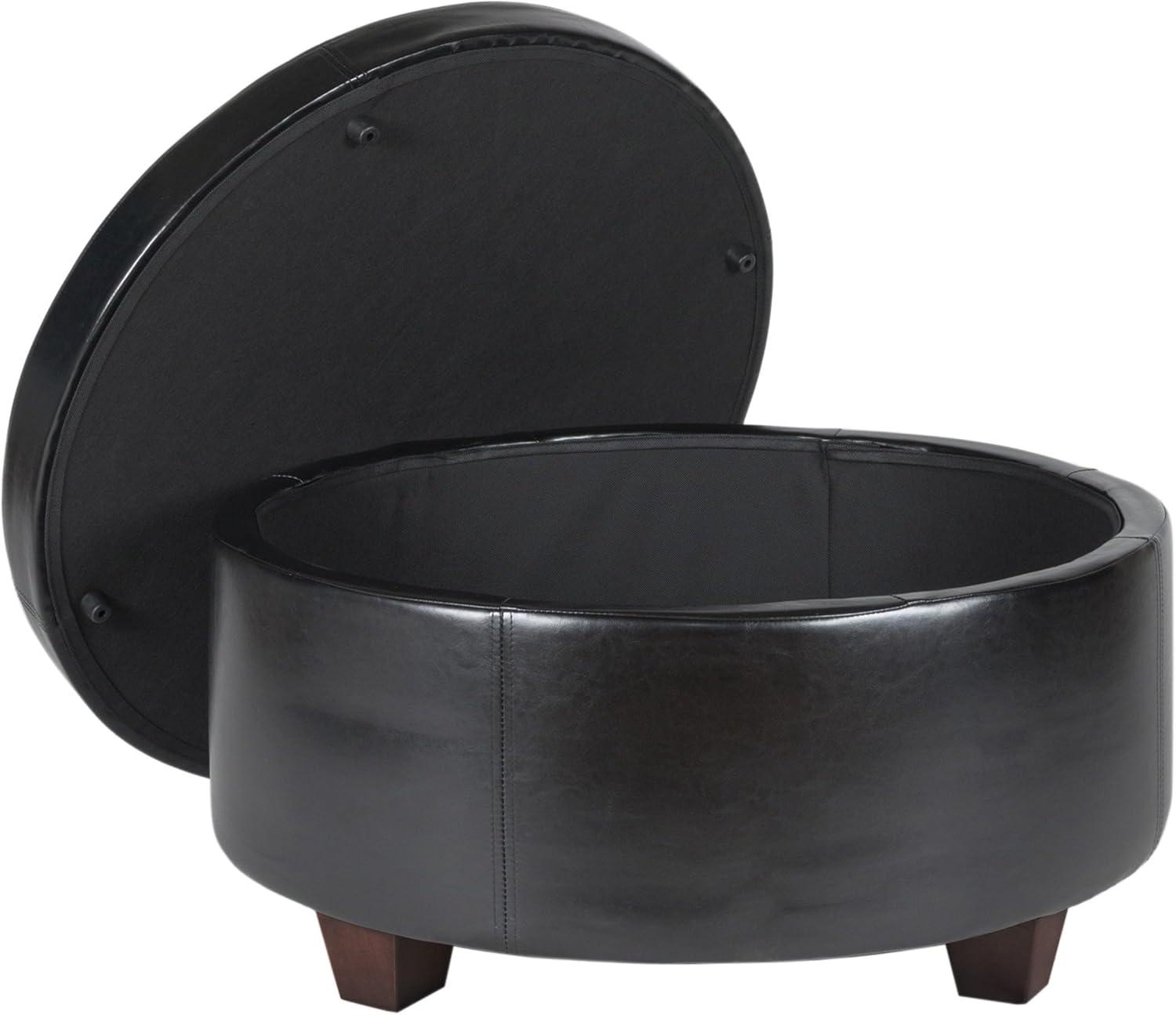 Leatherette Single Button Tufted Round Ottoman with Wooden Feet, Large, Black and Brown