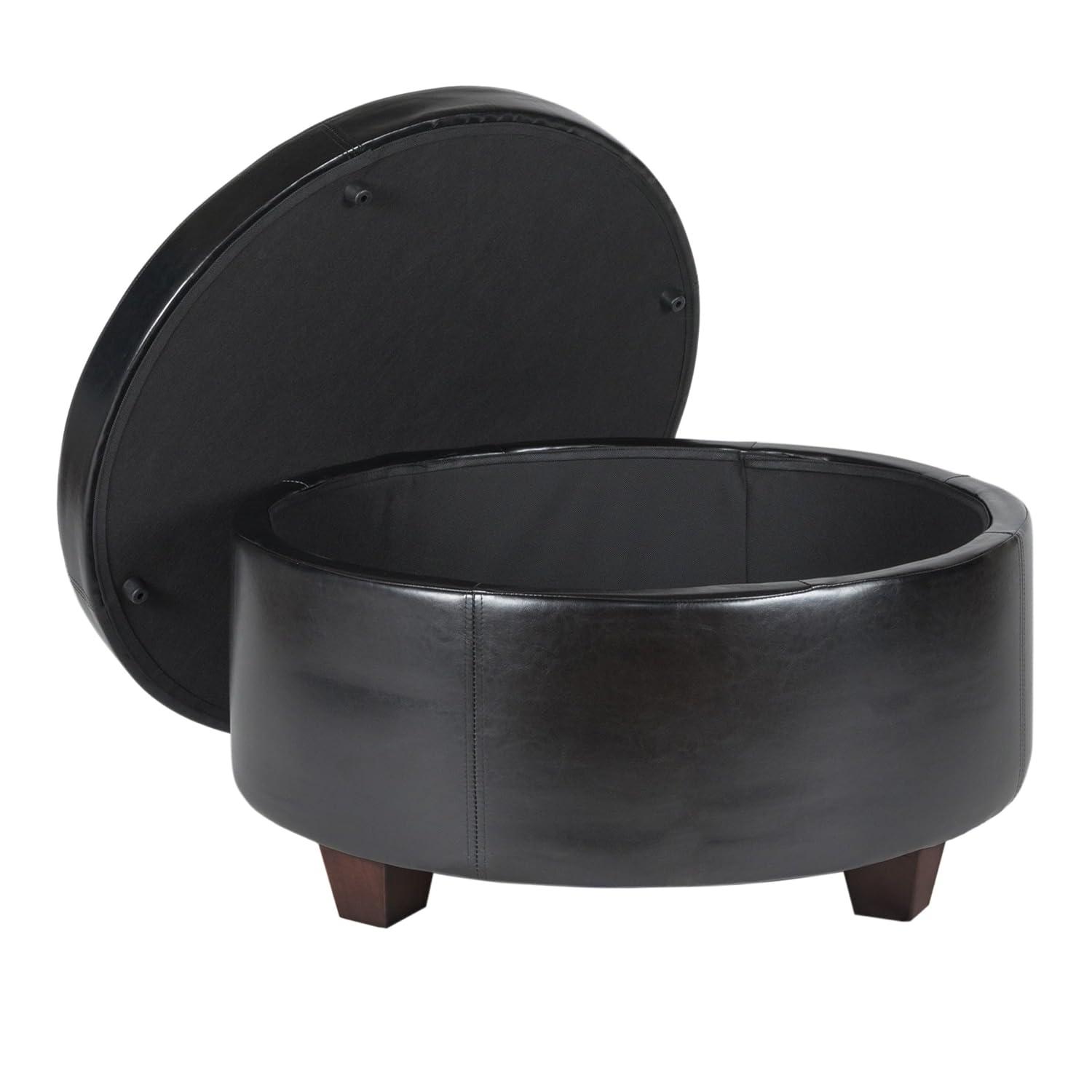 Leatherette Single Button Tufted Round Ottoman with Wooden Feet, Large, Black and Brown