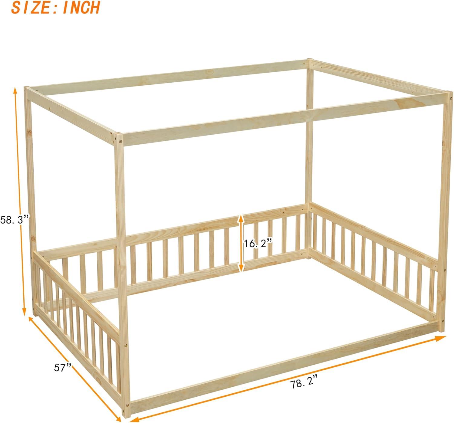 Canopy Frame Twin Size Floor Bed for Kids Bedroom,Wood Bed Frame with Fence for Boys/Girls/Teens,No Box Spring Needed,Natural