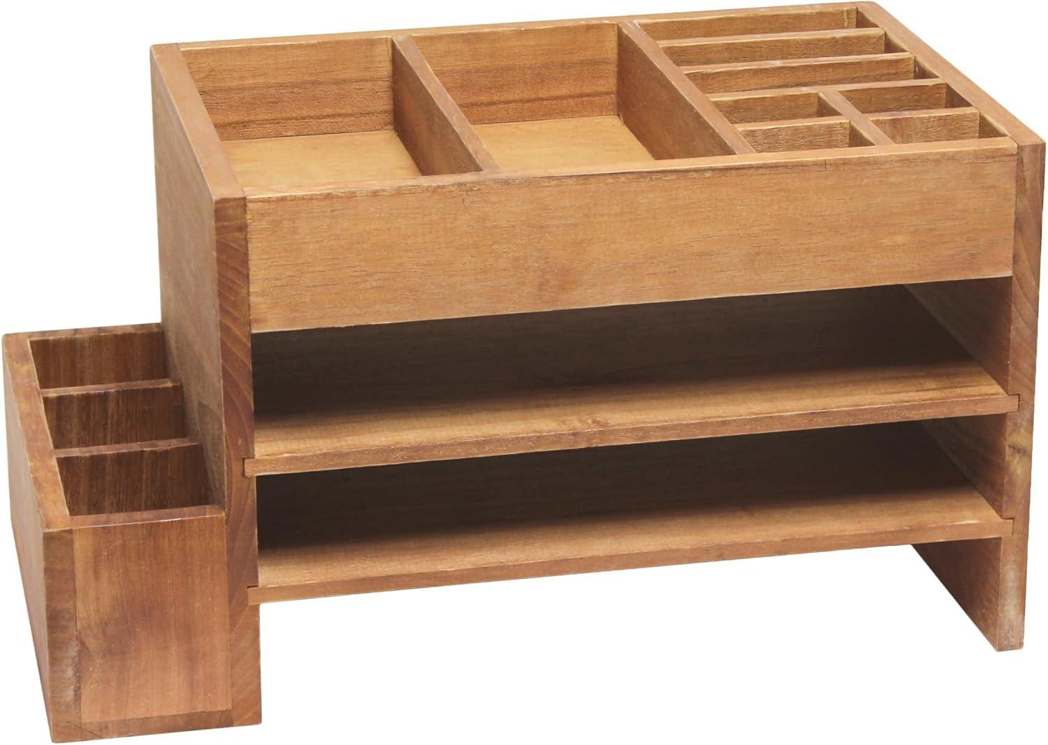 Elegant Designs 15.5" Home Office Tiered Desk Organizer with Storage Cubbies, Letter Tray, Natural Wood