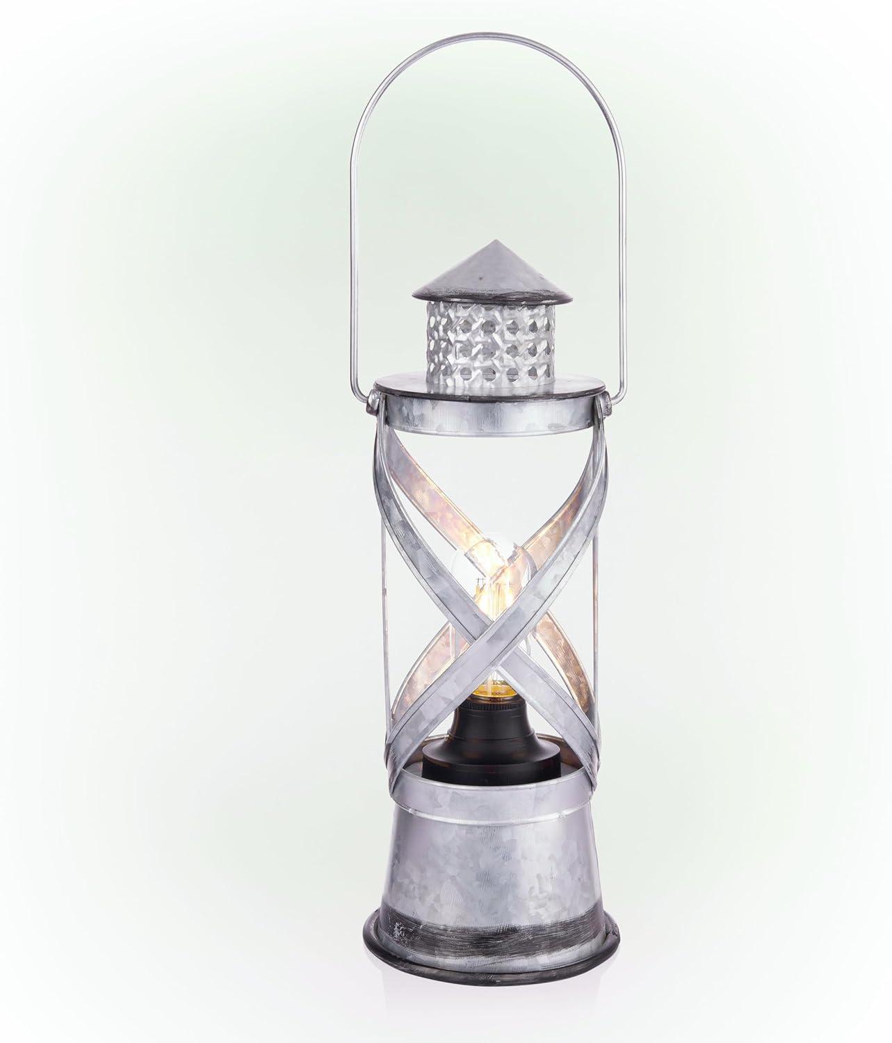 Indoor/Outdoor Metal Vintage Lantern with LED Lights Silver - Alpine Corporation: Hurricane-Style, No Assembly Required