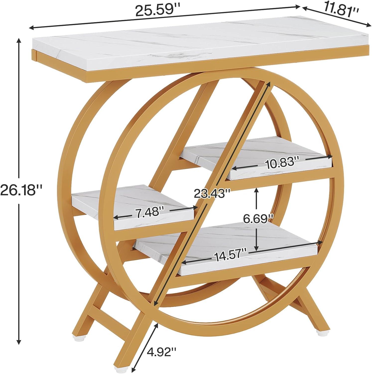 Gold and White Faux Marble 3-Tier End Table with Geometric Metal Frame