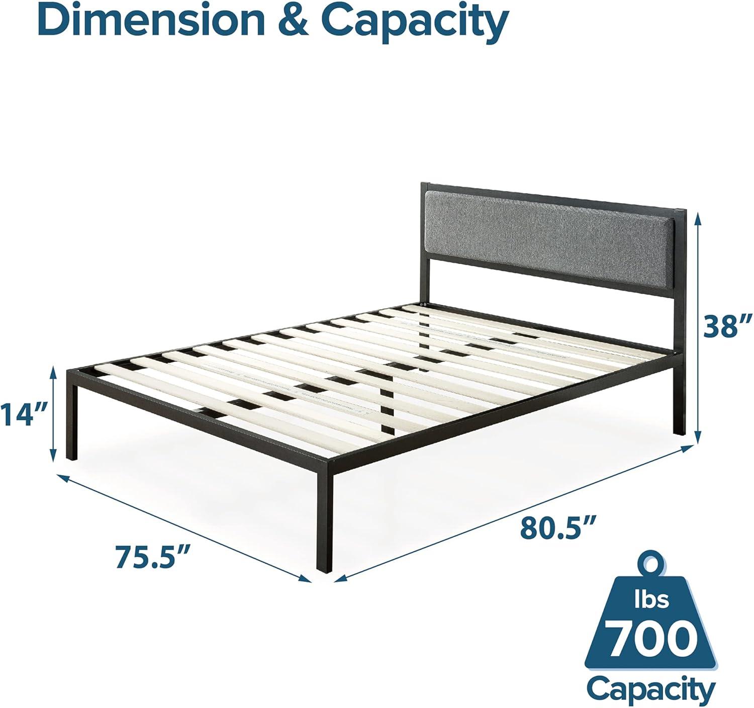 Zinus Korey 14" Steel Platform Bed Frame with Upholstered Headboard and Wood Slat Support, King