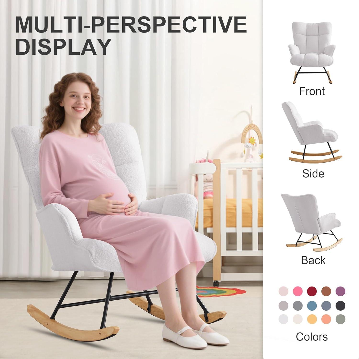 Nursery Rocking Chair Teddy, Upholstered Glider Rocker with High Backrest, Comfortable Stylish Accent Armchair with Padded Seat for Living Rooms, Bedrooms, Offices