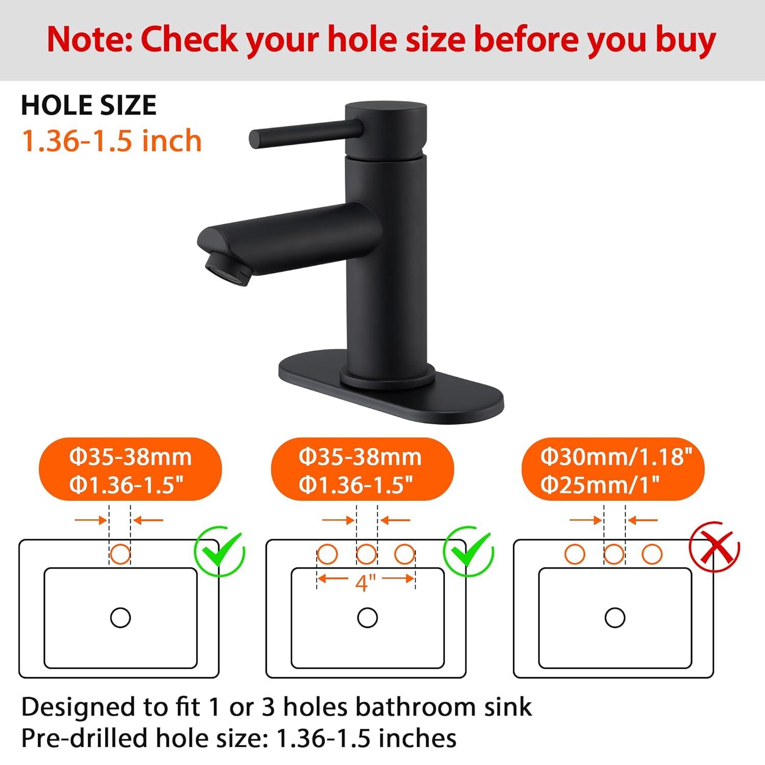 Bathroom Sink Faucet One Hole,Lavatory Tap for Basin,Matte Black Bathroom Sink Faucet with Metal Pop Up Drain Assembly， Bathroom Faucet 1 Hole with 3 Hole Deck Plate