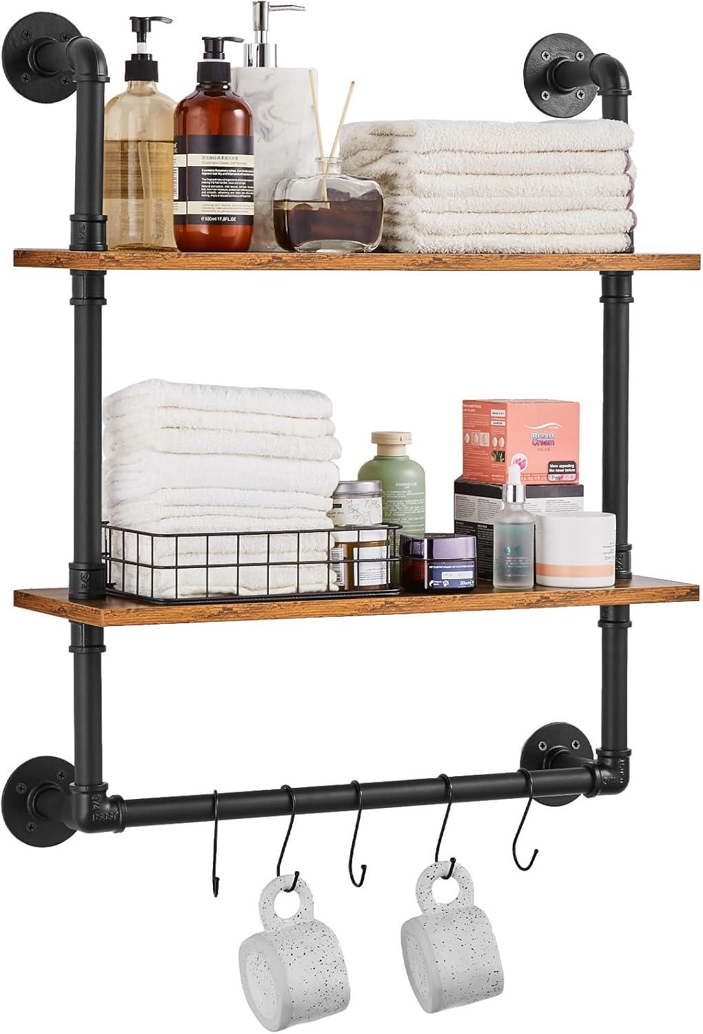 Williston Forge Industrial Pipe Shelf 2 Tier 24x7.87in Wall-Mount for Kitchen Bedroom