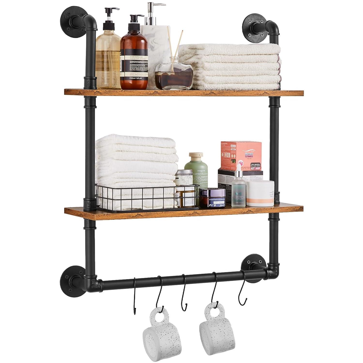Williston Forge Industrial Pipe Shelf 2 Tier 24x7.87in Wall-Mount for Kitchen Bedroom