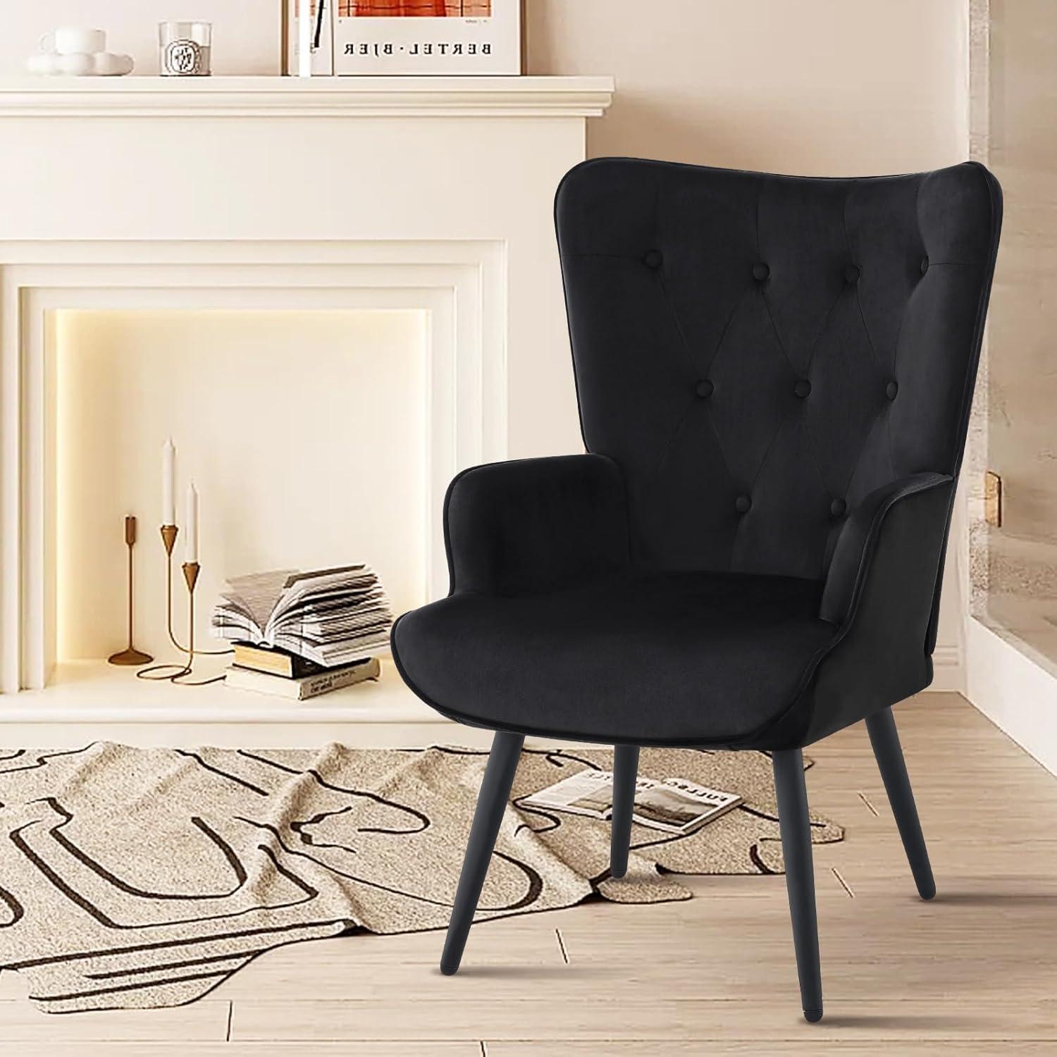 Black Velvet Wingback Accent Chair with Wood Legs