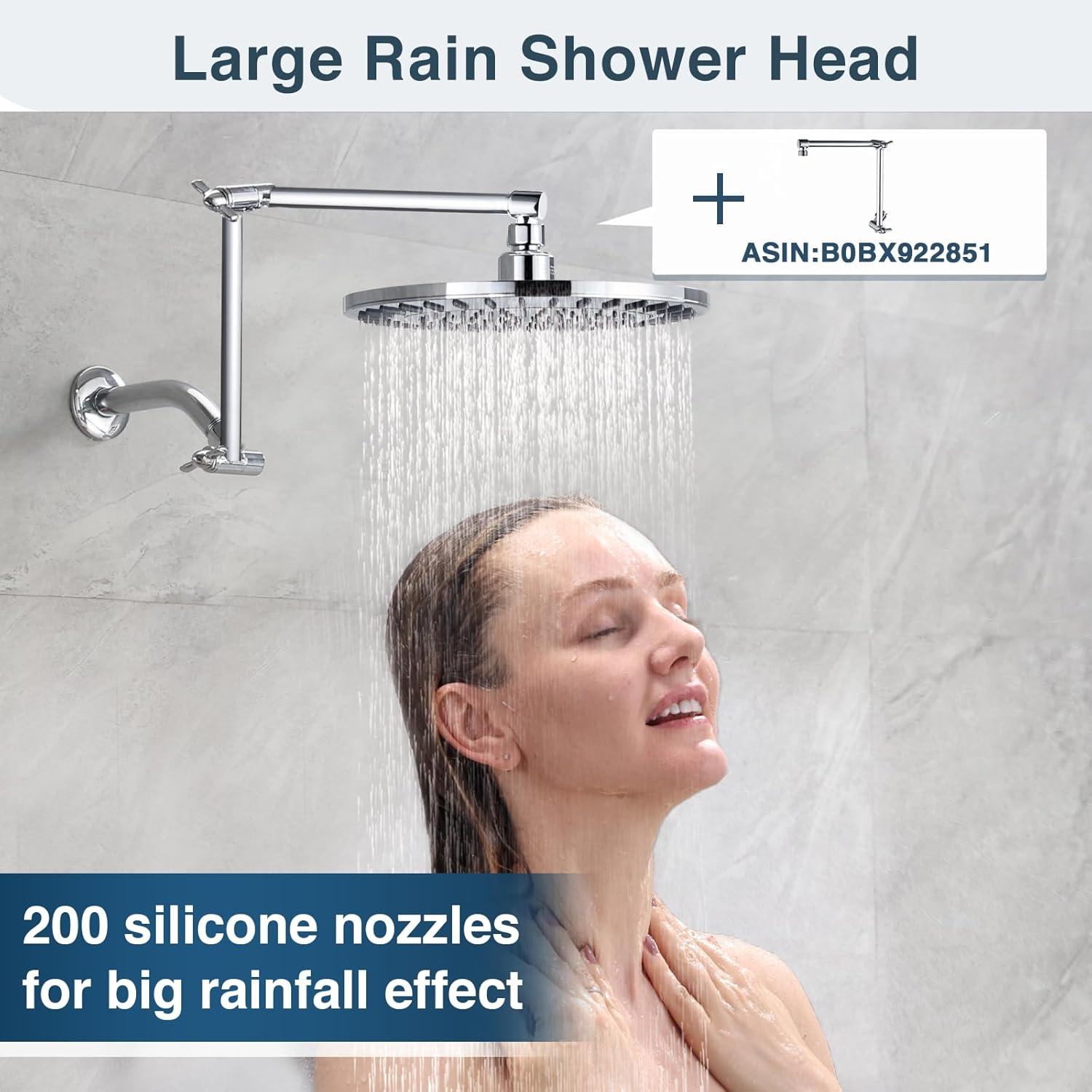 BRIGHT SHOWERS Rain Shower Head, 9 Inch High Pressure Waterfall Showerhead with Adjustable Angle and Anti-clogging Silicone Nozzles, Luxury Bathroom Overhead Rainfall Shower Head, Chrome