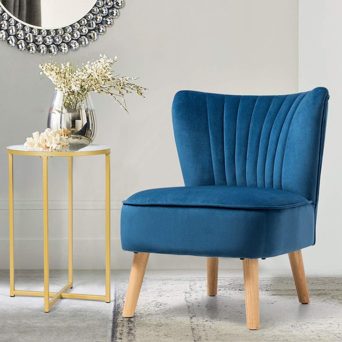 Yardi Yard Modern Armless Velvet Accent Chair with Wood Legs-Blue, Vanity Chair for Bedroom Desk