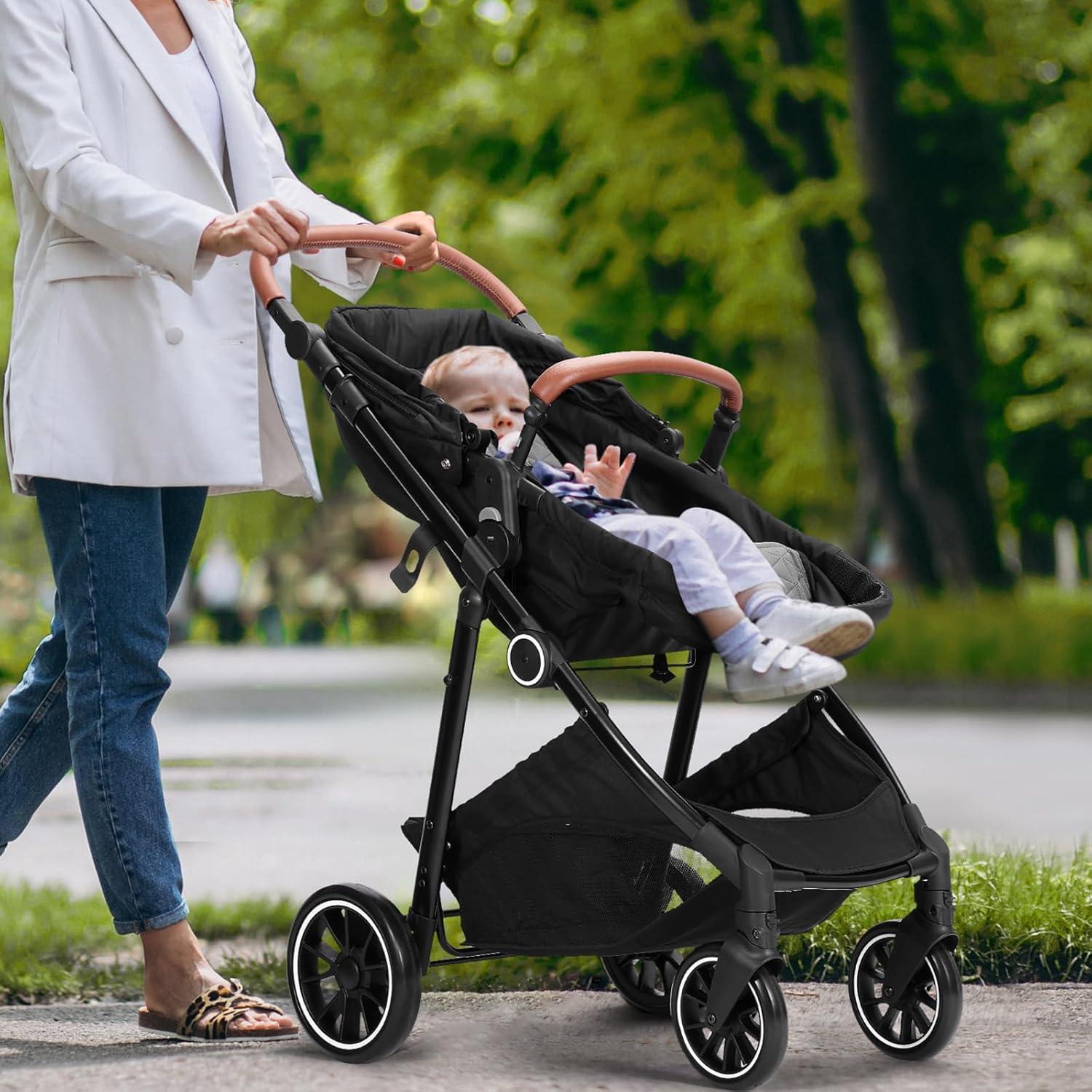 Gray All-Terrain Steel Frame Bassinet Stroller with Adjustable Backrest