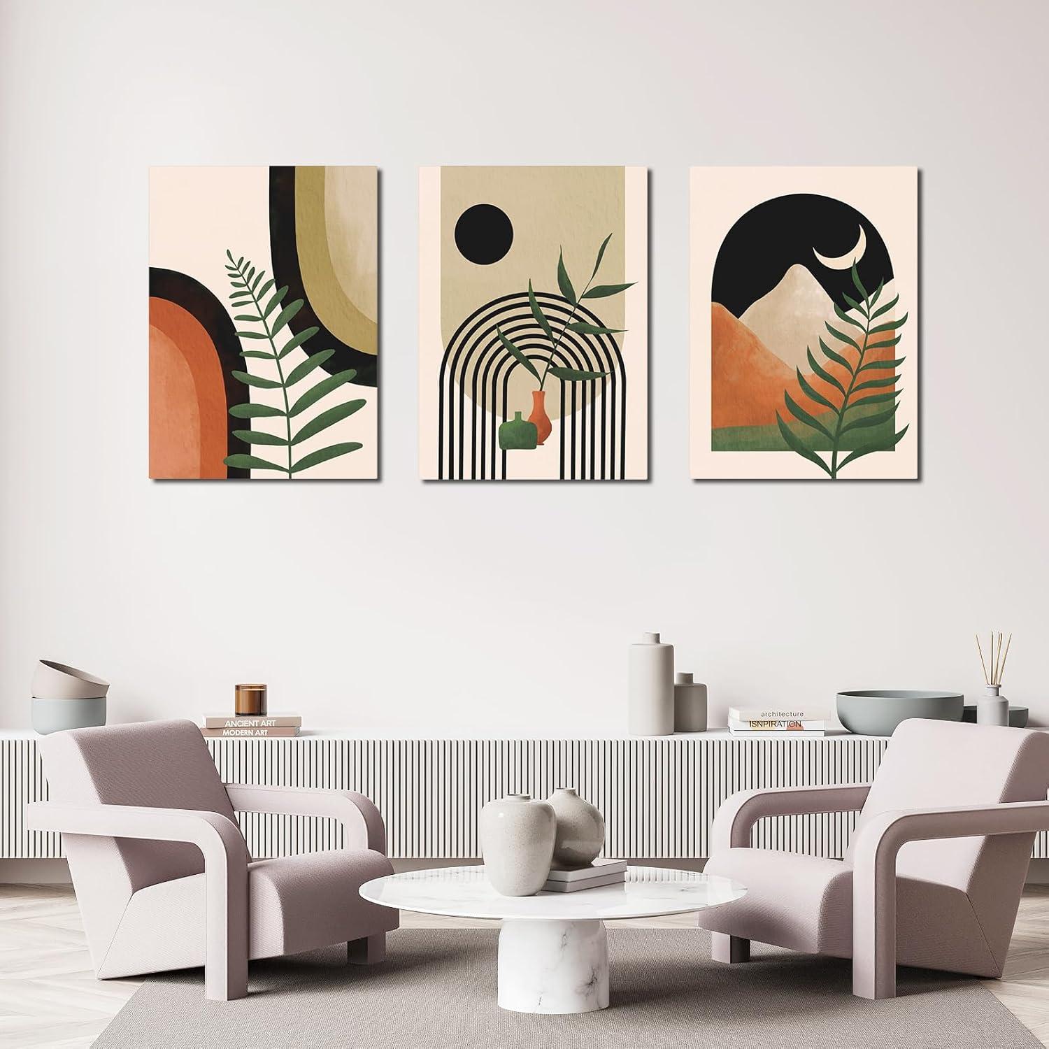 Framed Boho Wall Art Set of 3, Mid Century Modern Wall Decor, Minimalist Black Beige Neutral Abstract Geometric Wall Decor Canvas Prints Ready To Hang for Living Room Wall Decor 12x16in