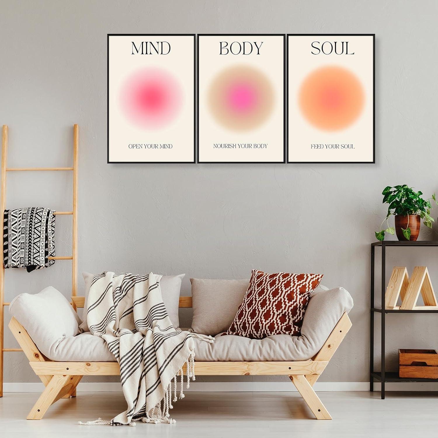 Asdg12s-Positive Aura Posters for Room Aesthetic 3 Piece Colorful Aura Grainy Gradient Canvas Wall Art Spiritual Soul Body Mind Quote Print Painting Danish Pastel Home Wall Decor for Bedroom