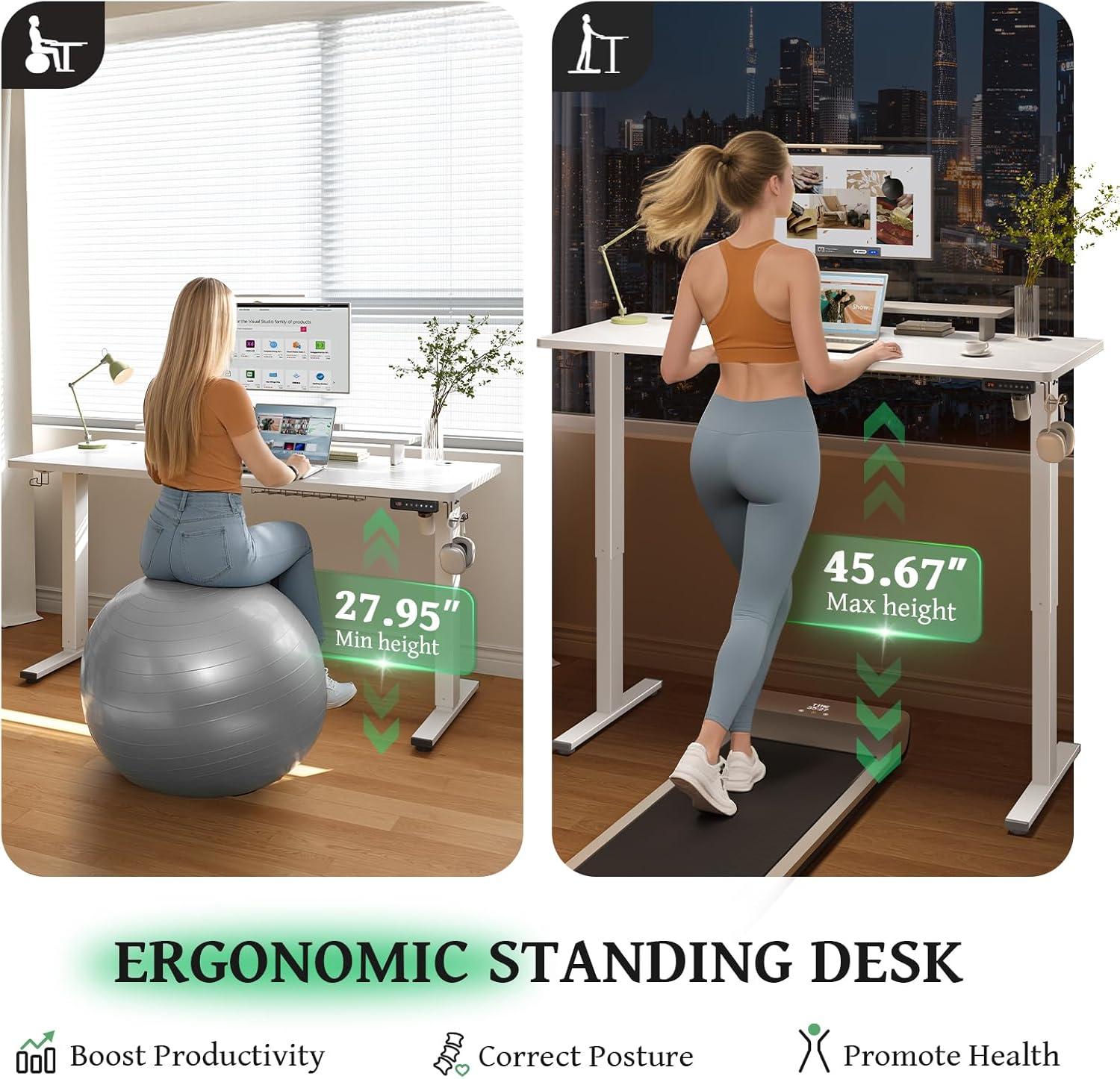 White Adjustable Height Standing Computer Desk with Headphone Hook