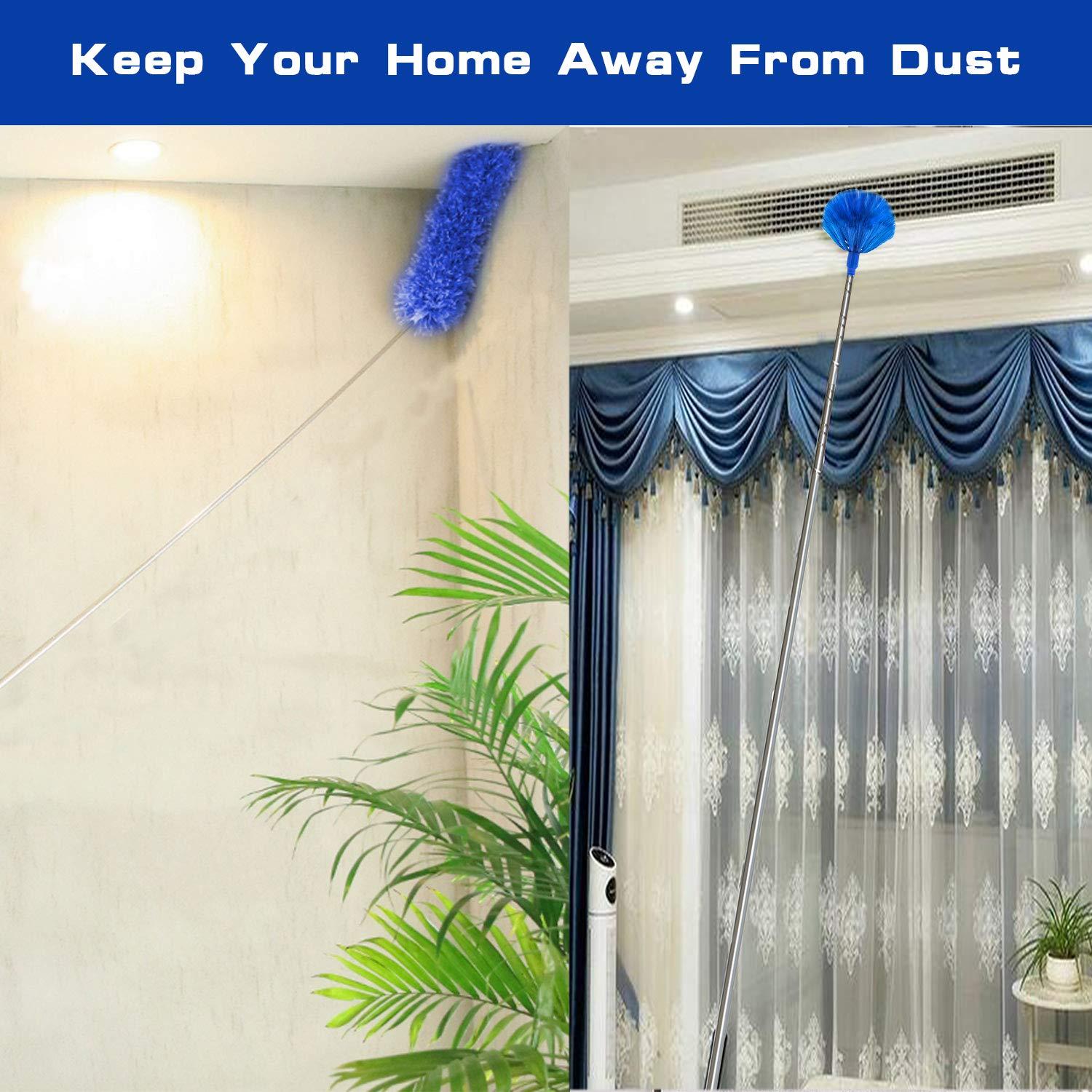 Microfibre Duster with 100" Telescopic Extension Pole Kit for High Ceilings, Cleaning Fan Cobweb, Reusable and Washable Lightweight for Ceiling Fan Webs, Blinds