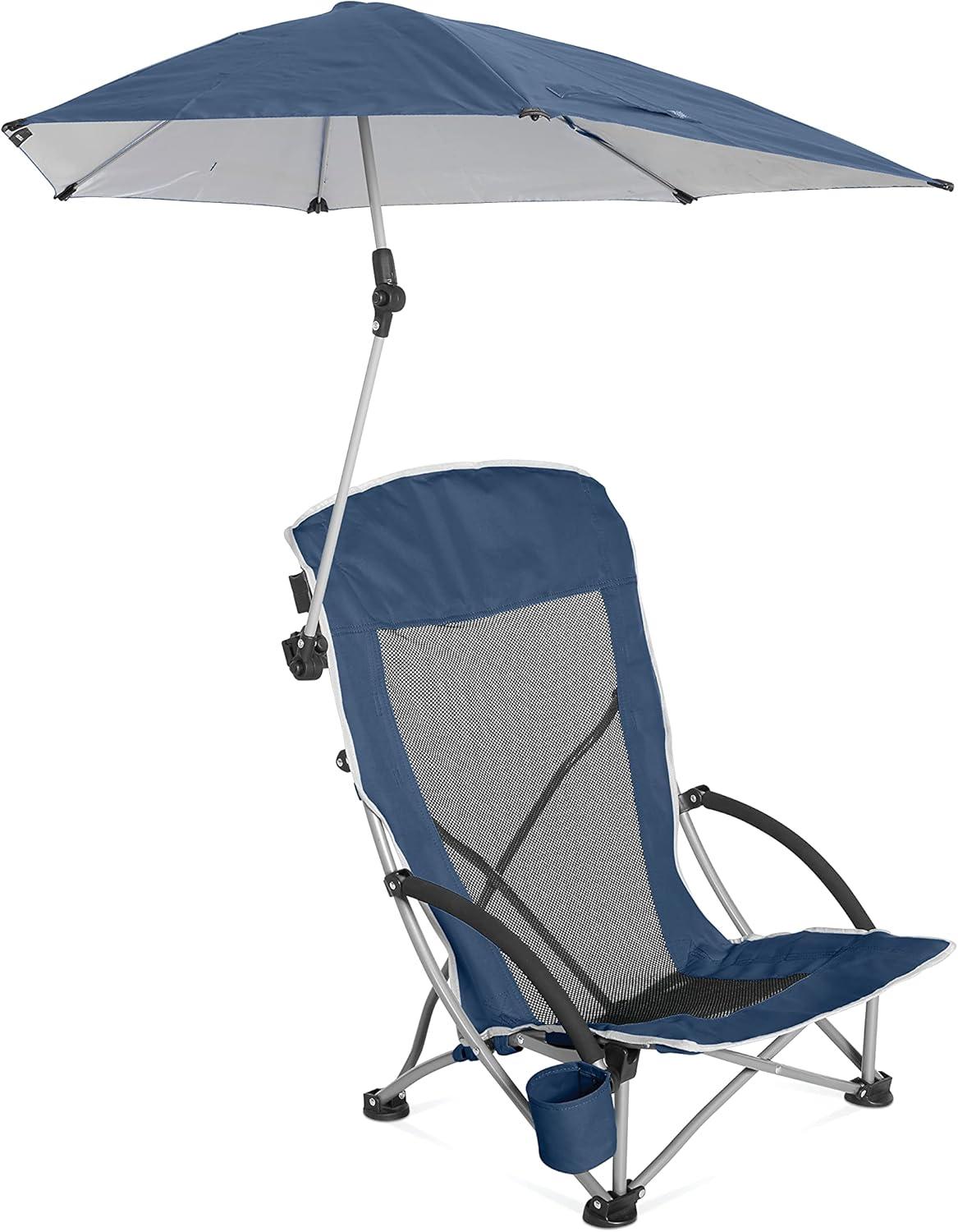 Midnight Blue Mesh Beach Chair with Adjustable Umbrella