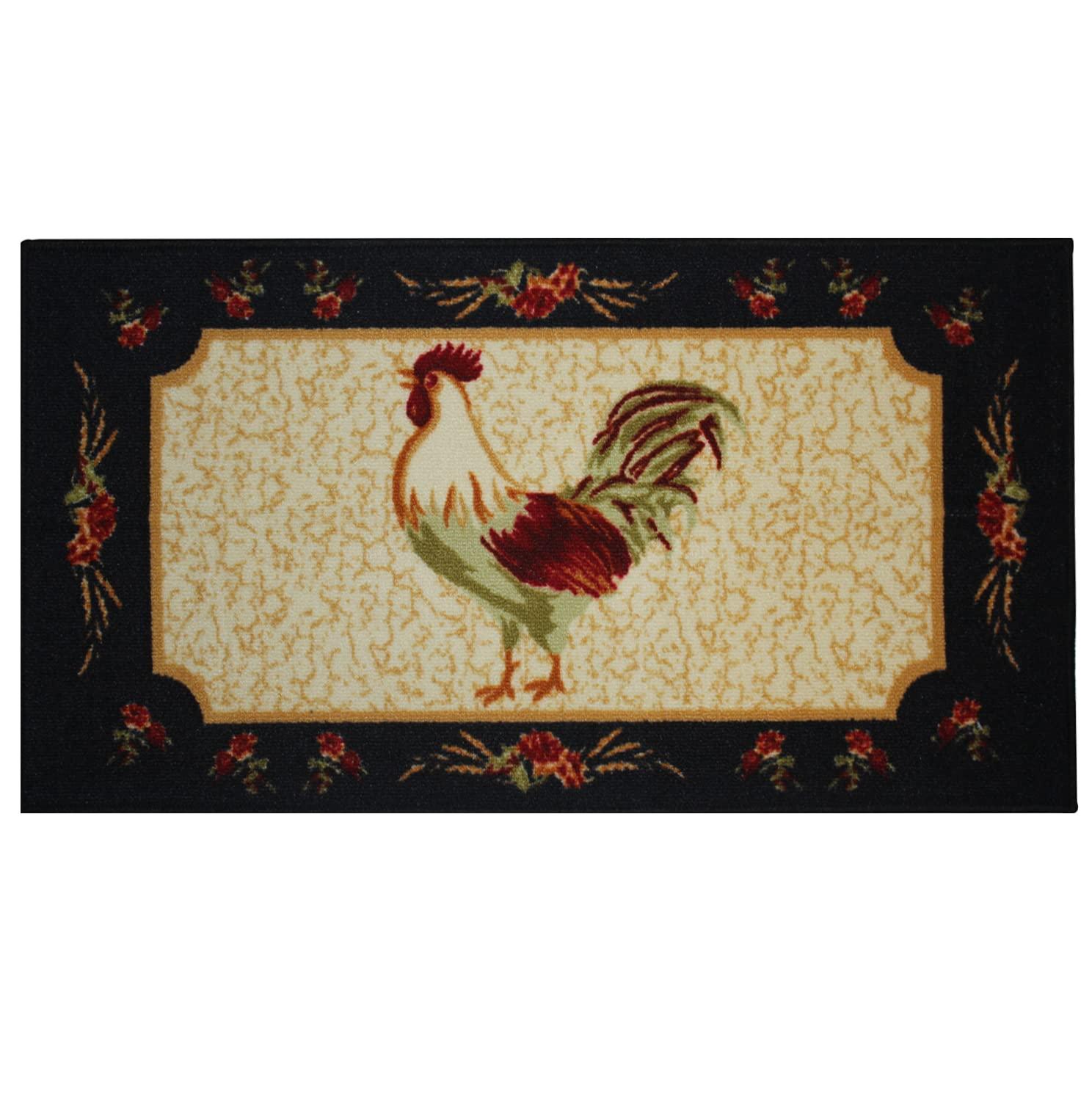 Kashi Home Kitchen Rug, Printed Area Rug, Durable Floor, Door Mat, Farmhouse Non-Slip Carpet Latex Backing Beautiful Design Rooster 3pc Set (2 18x30 D Shape & 1 20x40)