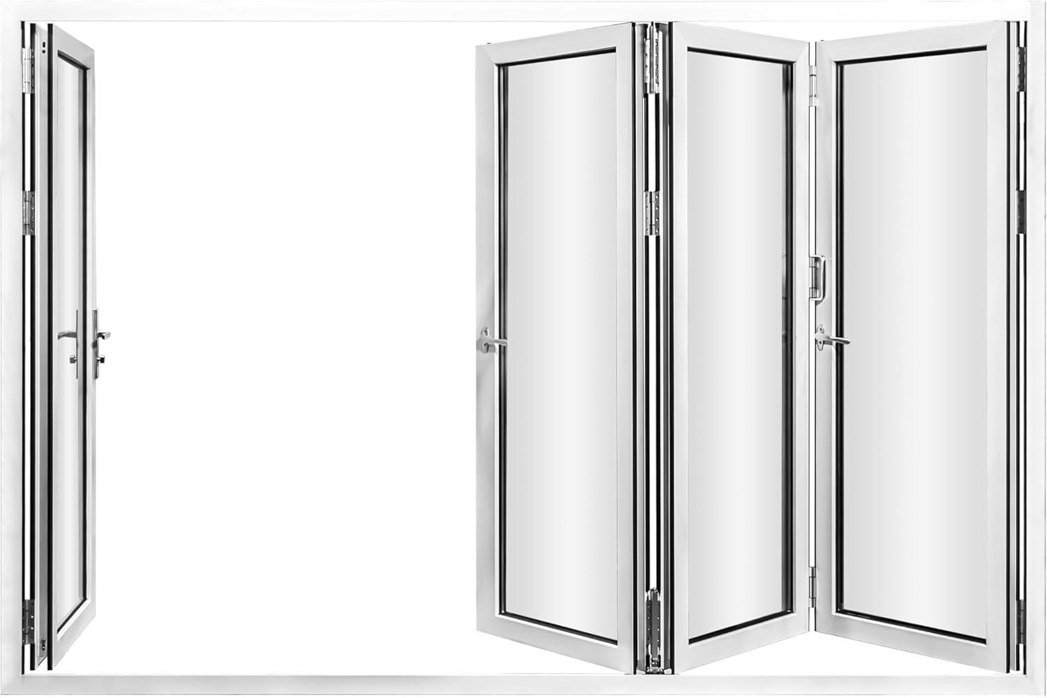 KaMic 120" x 80" 4 Panels Alumnium Folding Door In White, One Door Right Swing Out Three Door Folded From Right To Left