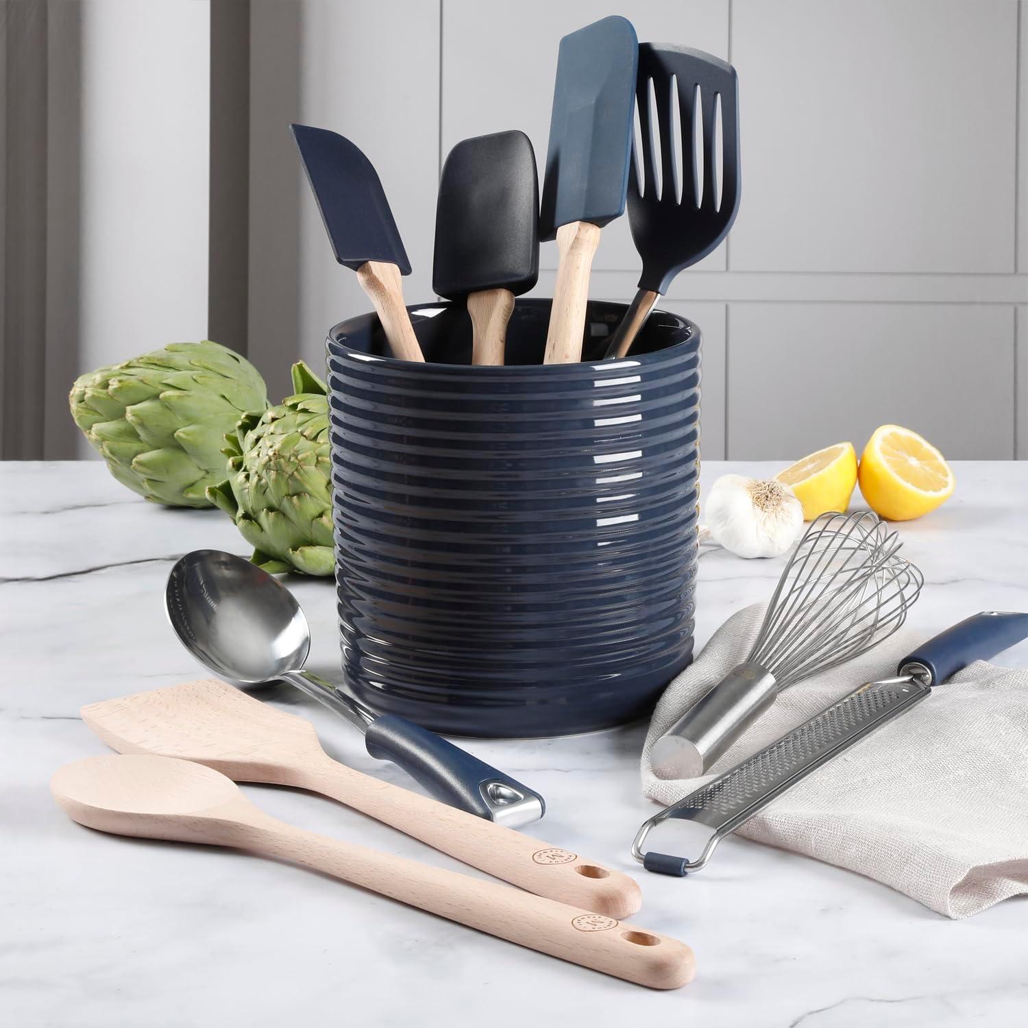 Navy Blue 10-Piece Kitchen Tool Set with Ceramic Crock