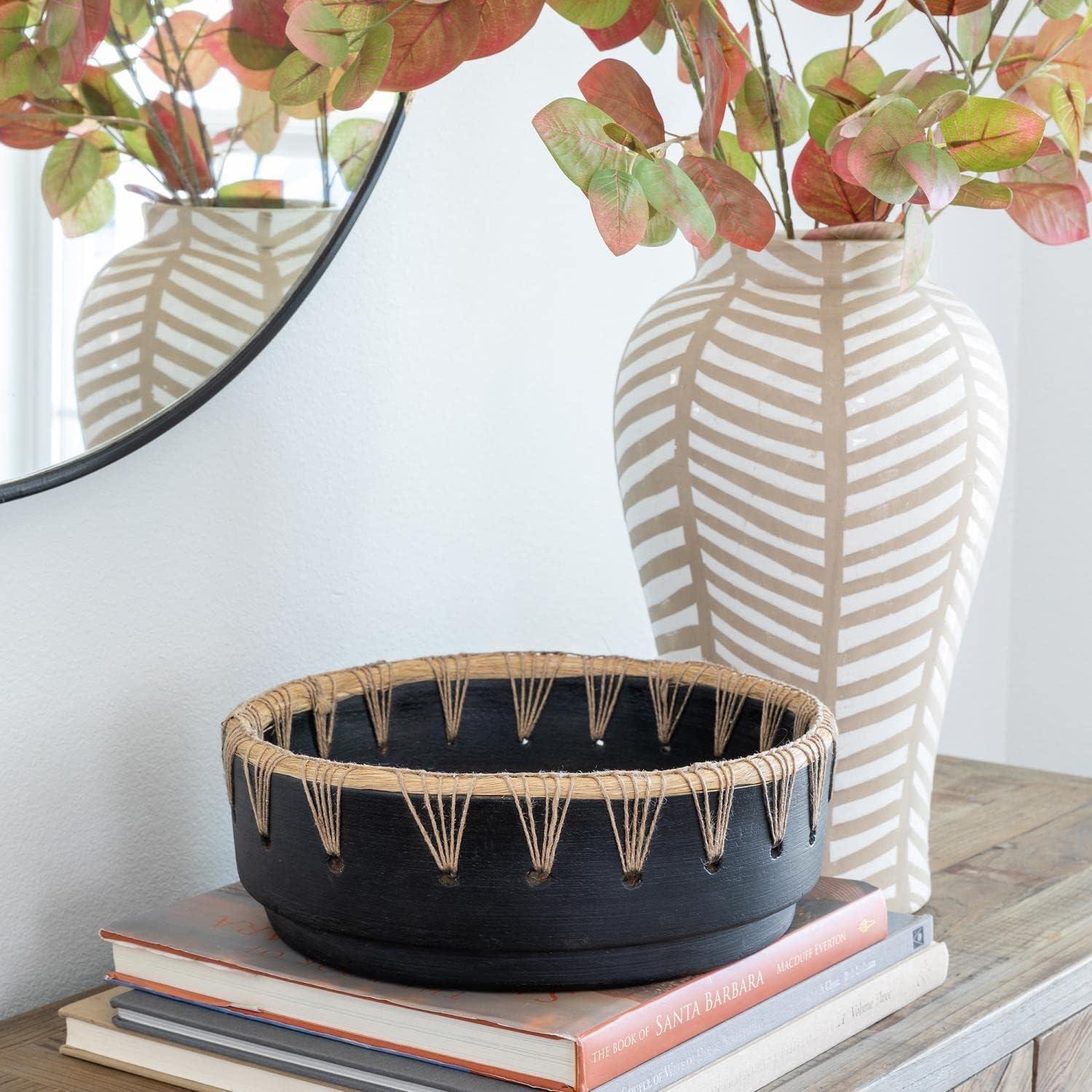 Handcrafted Black Ceramic Bowl with Woven Jute Trim