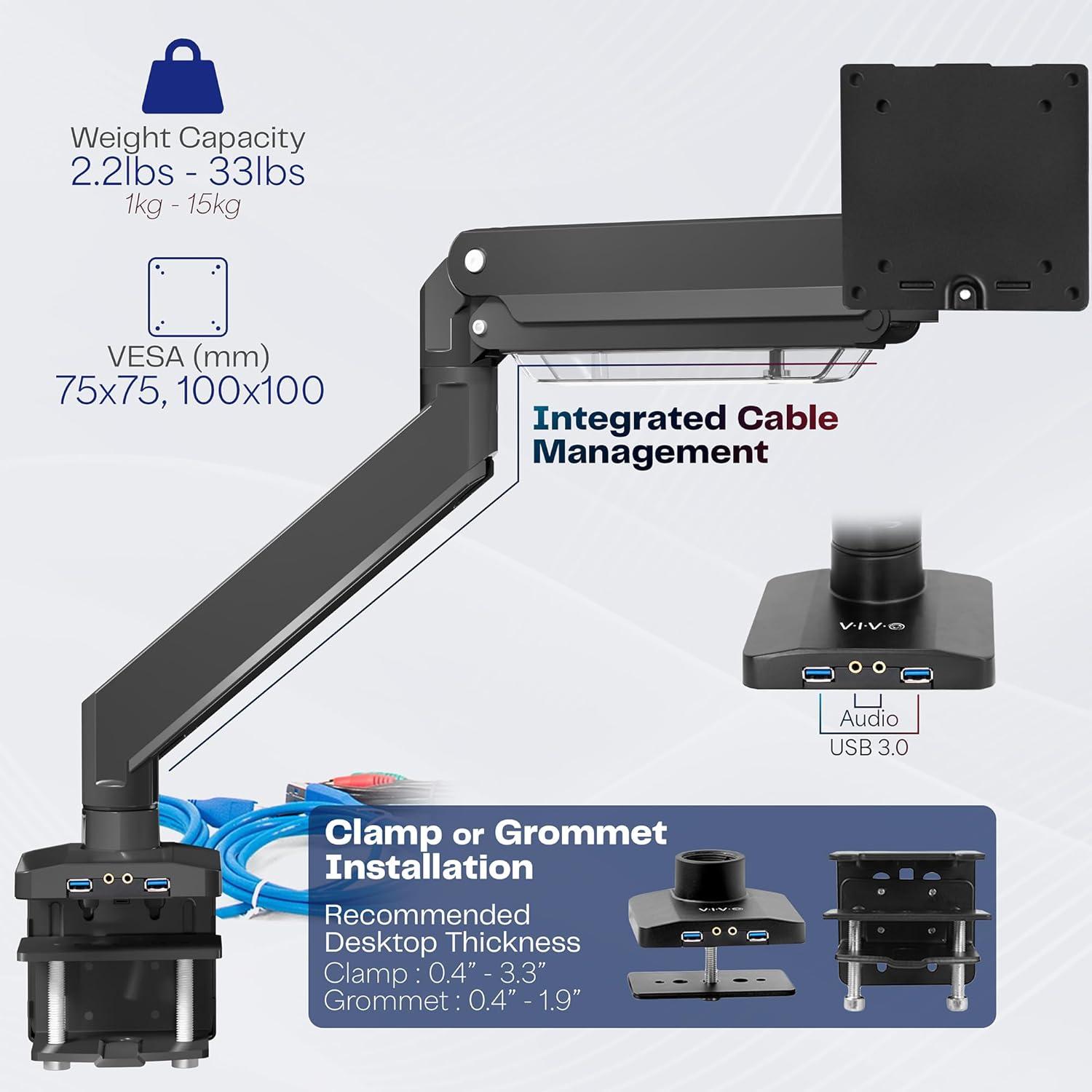 VIVO Single Pneumatic Monitor Desk Mount with USB, Fits Ultrawides up to 49"