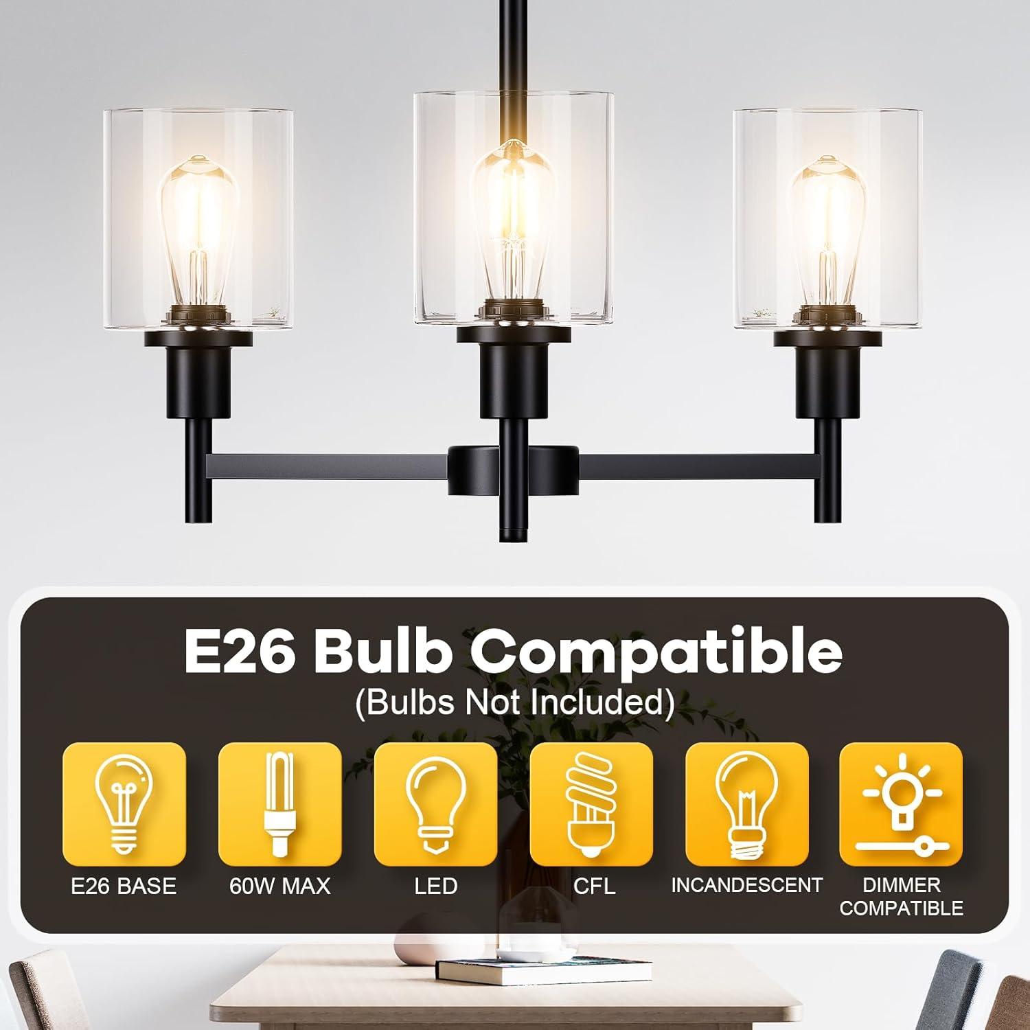 Black Chandelier for Dinning Room Living Room Island Kitchen Chandelier Light Fixtures Over Table, 3 Light Farmhouse Chandelier with Cylinder Clear Glass, Height Adjustable