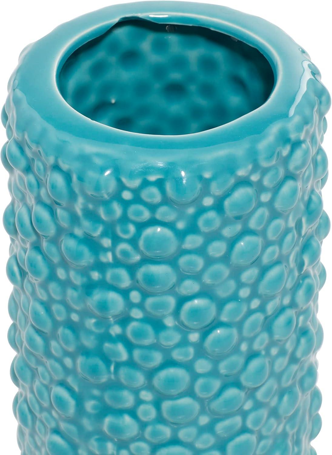 Modern Blue Ceramic Trio Vase Set with Textured Embellishments