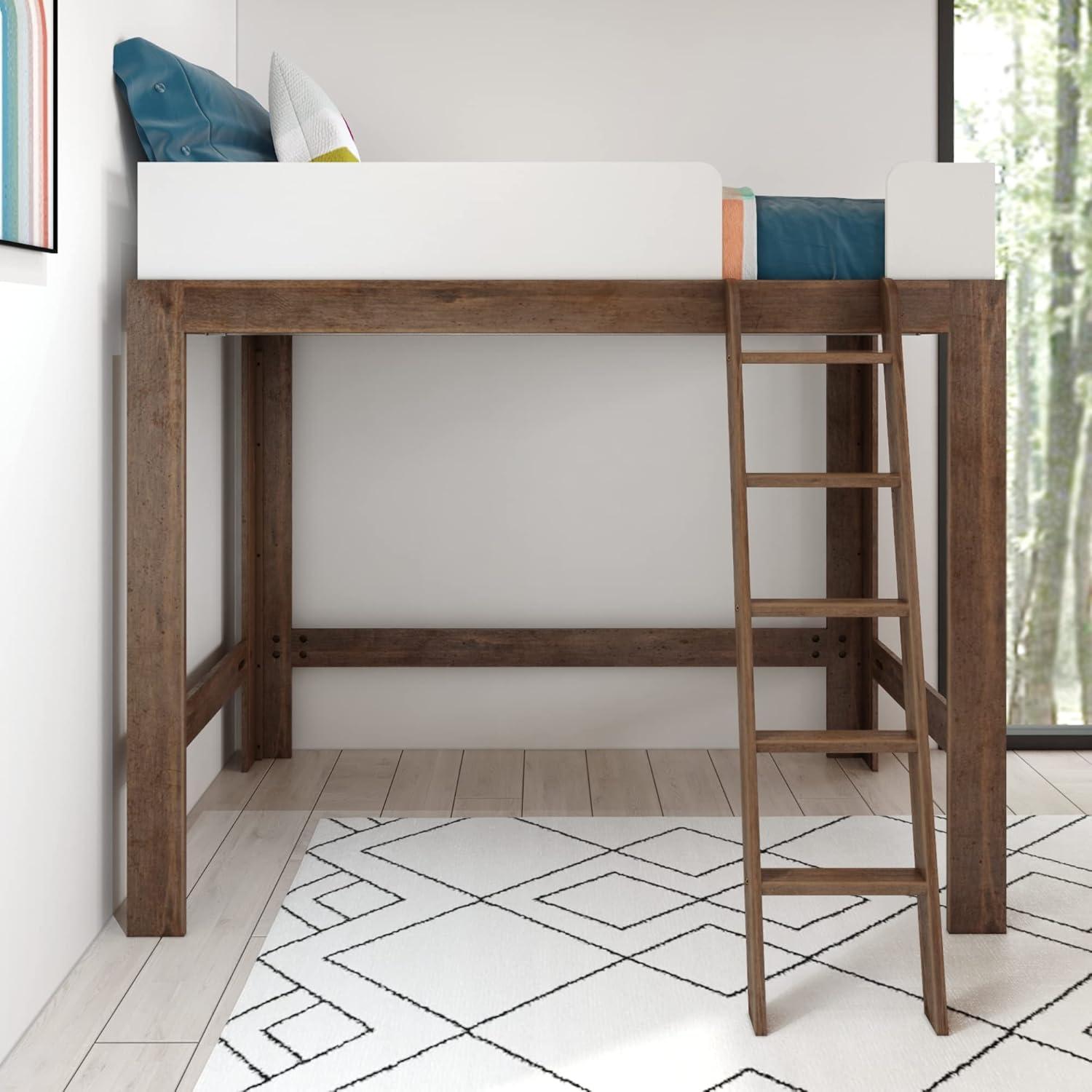 Max & Lily Mid-Century Modern Twin-Size High Loft Bed, White/Walnut